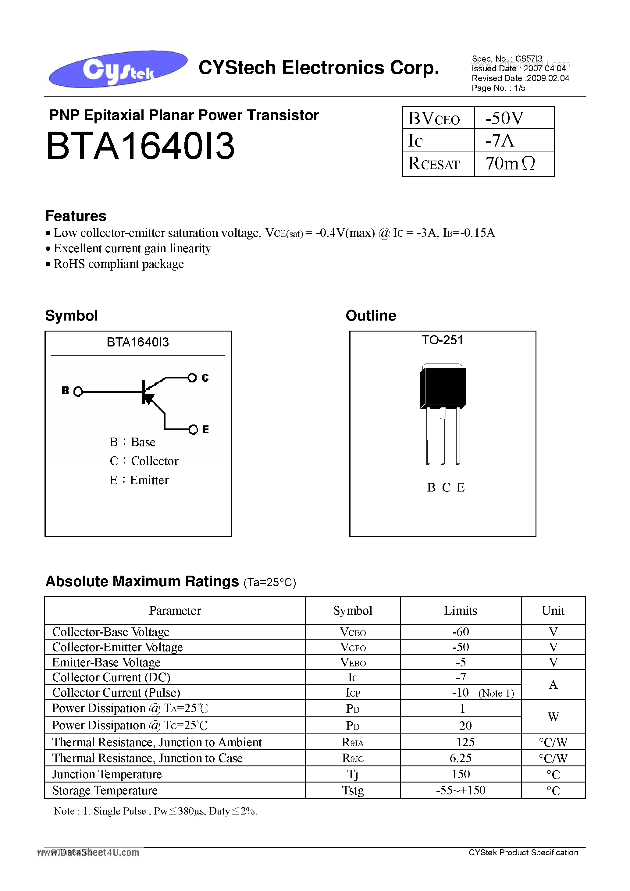 Даташит BTA1640I3 - PNP Epitaxial Planar Power Transistor страница 1