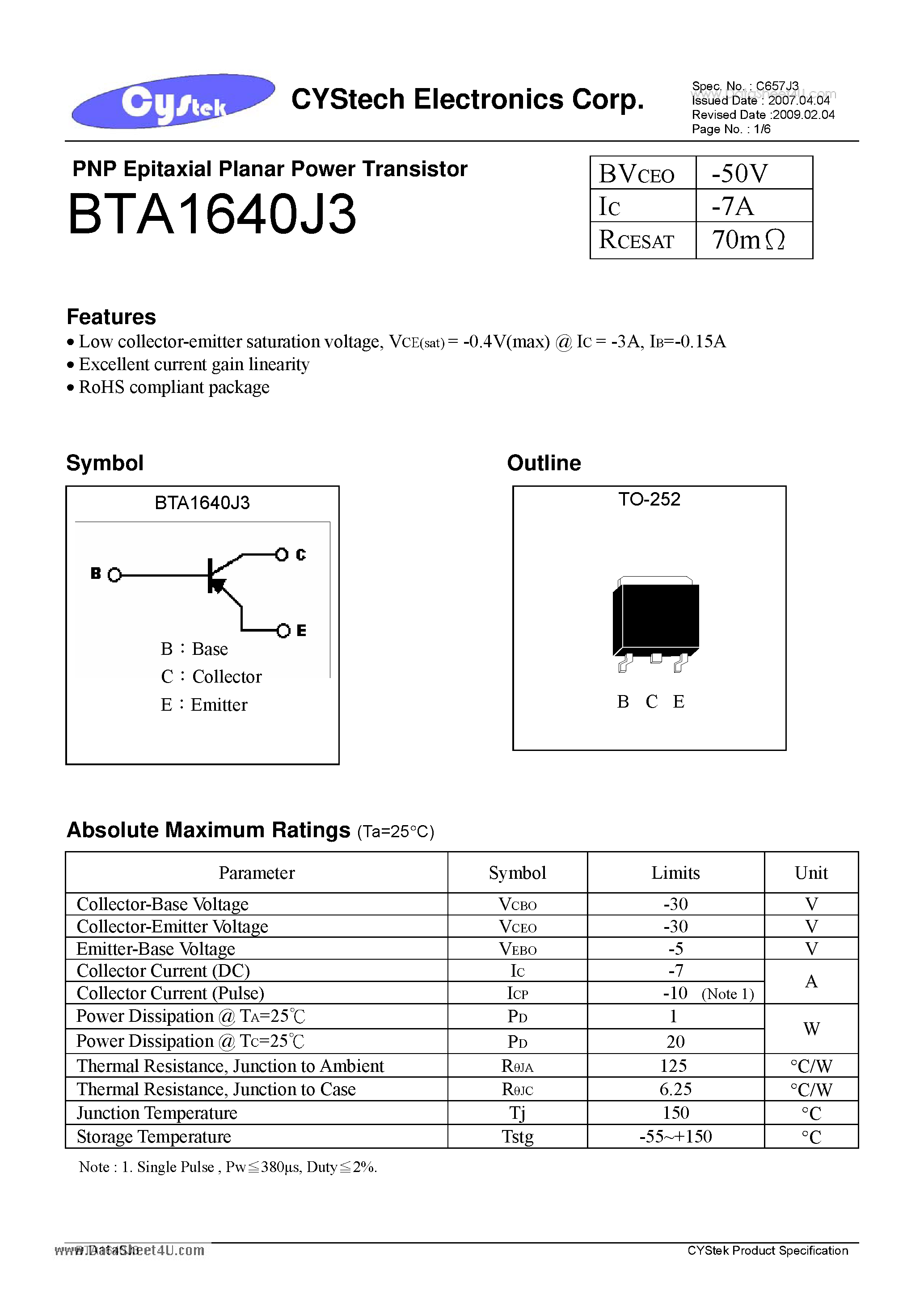Даташит BTA1640J3 - PNP Epitaxial Planar Power Transistor страница 1