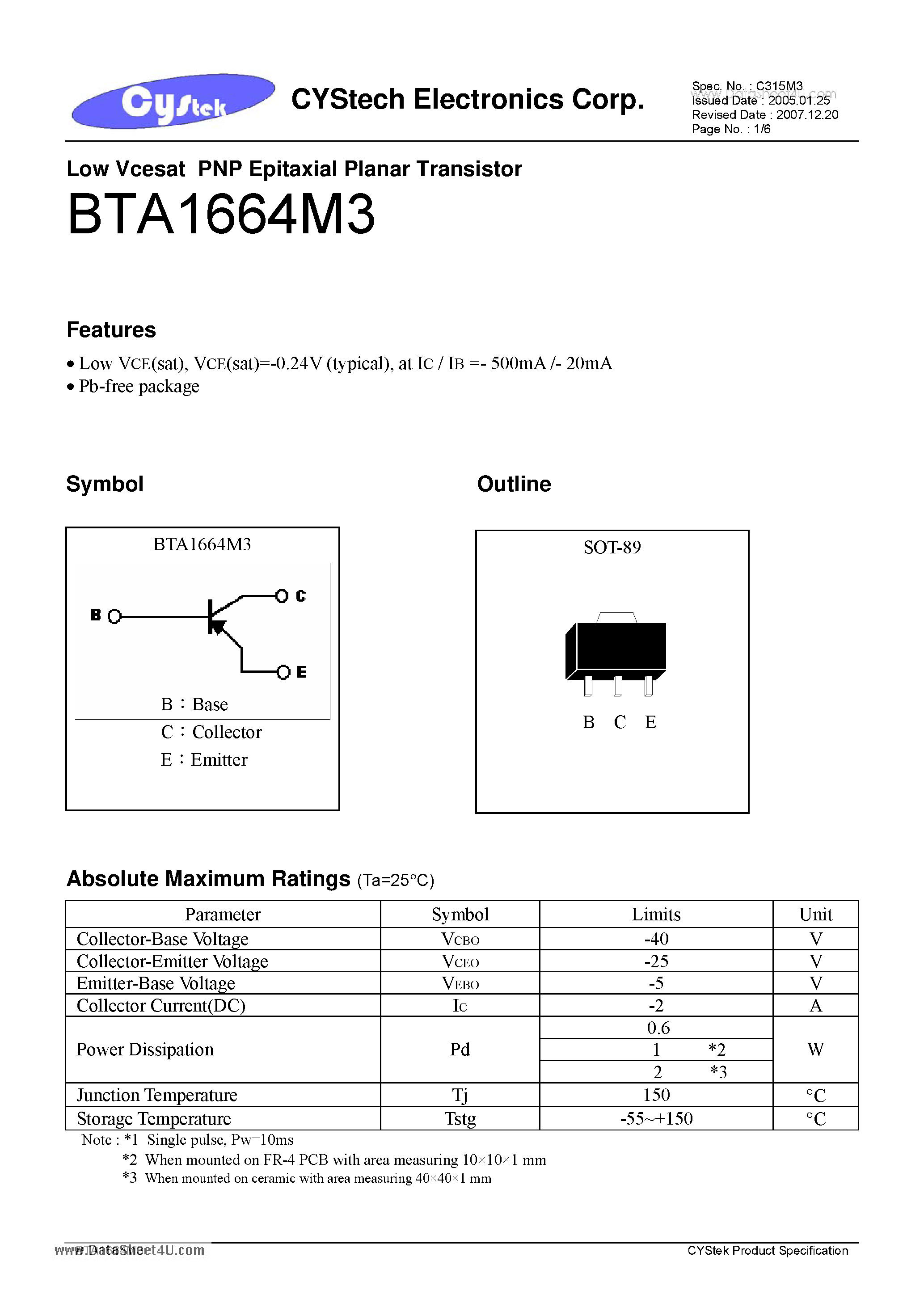 Даташит BTA1664M3 - Low Vcesat PNP Epitaxial Planar Transistor страница 1