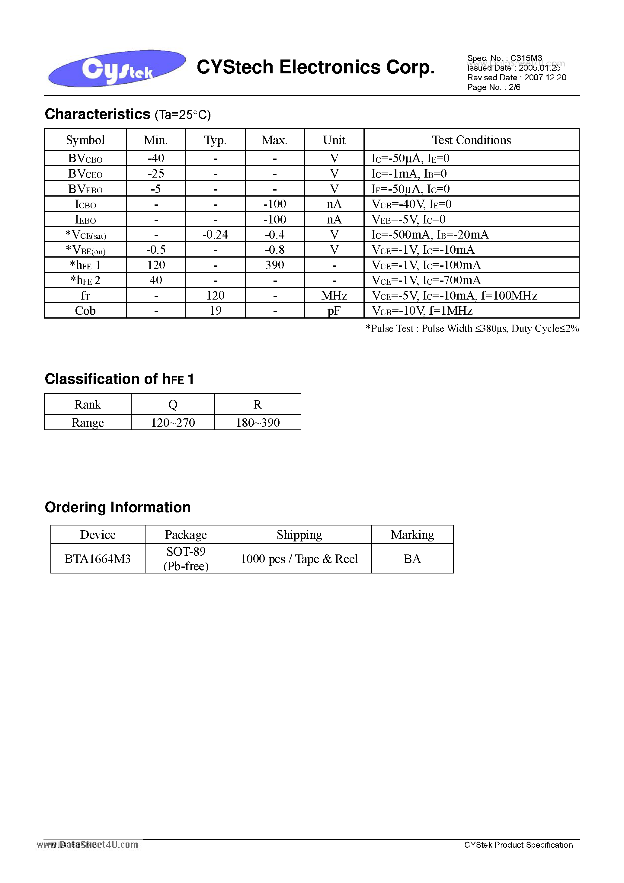 Даташит BTA1664M3 - Low Vcesat PNP Epitaxial Planar Transistor страница 2