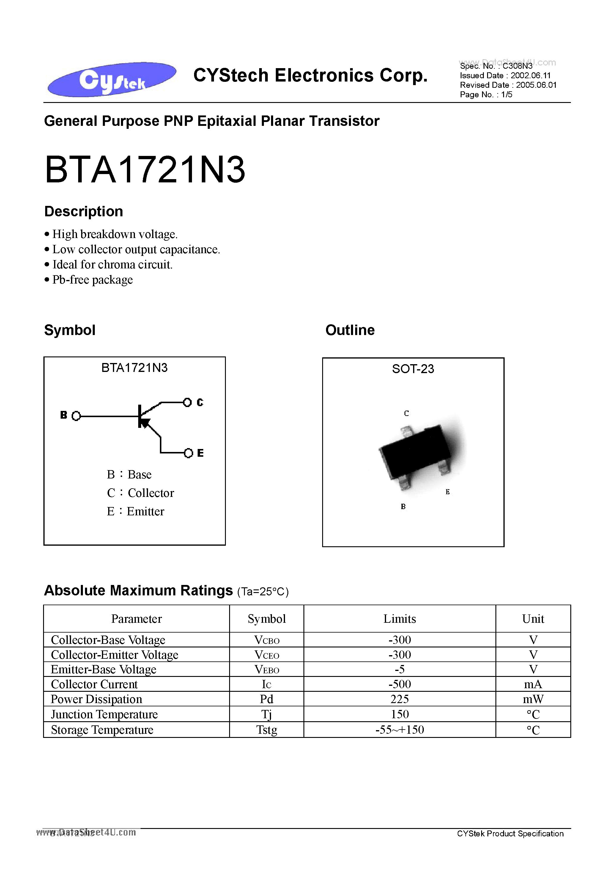 Даташит BTA1721N3 - General Purpose PNP Epitaxial Planar Transistor страница 1