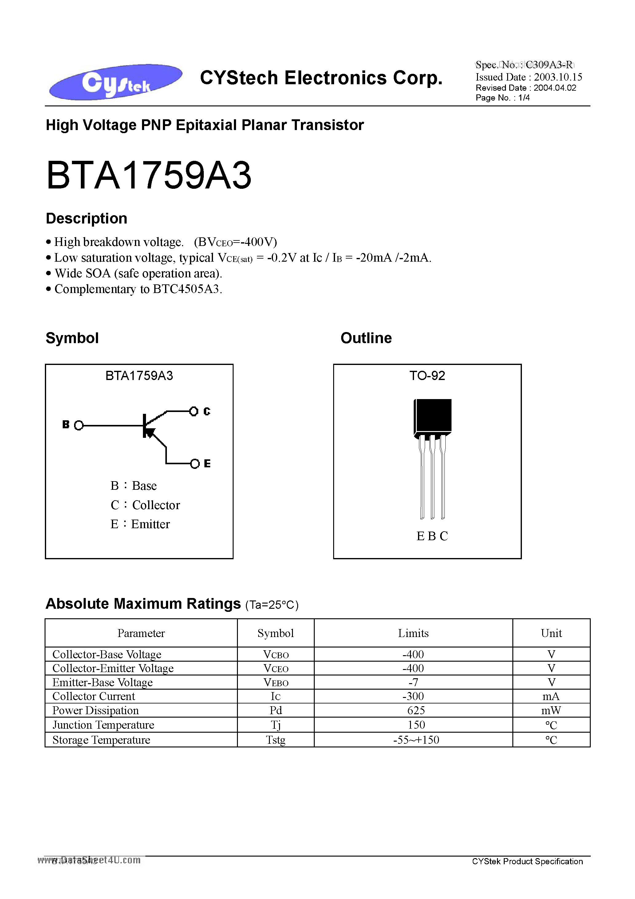 Даташит BTA1759A3 - High Voltage PNP Epitaxial Planar Transistor страница 1