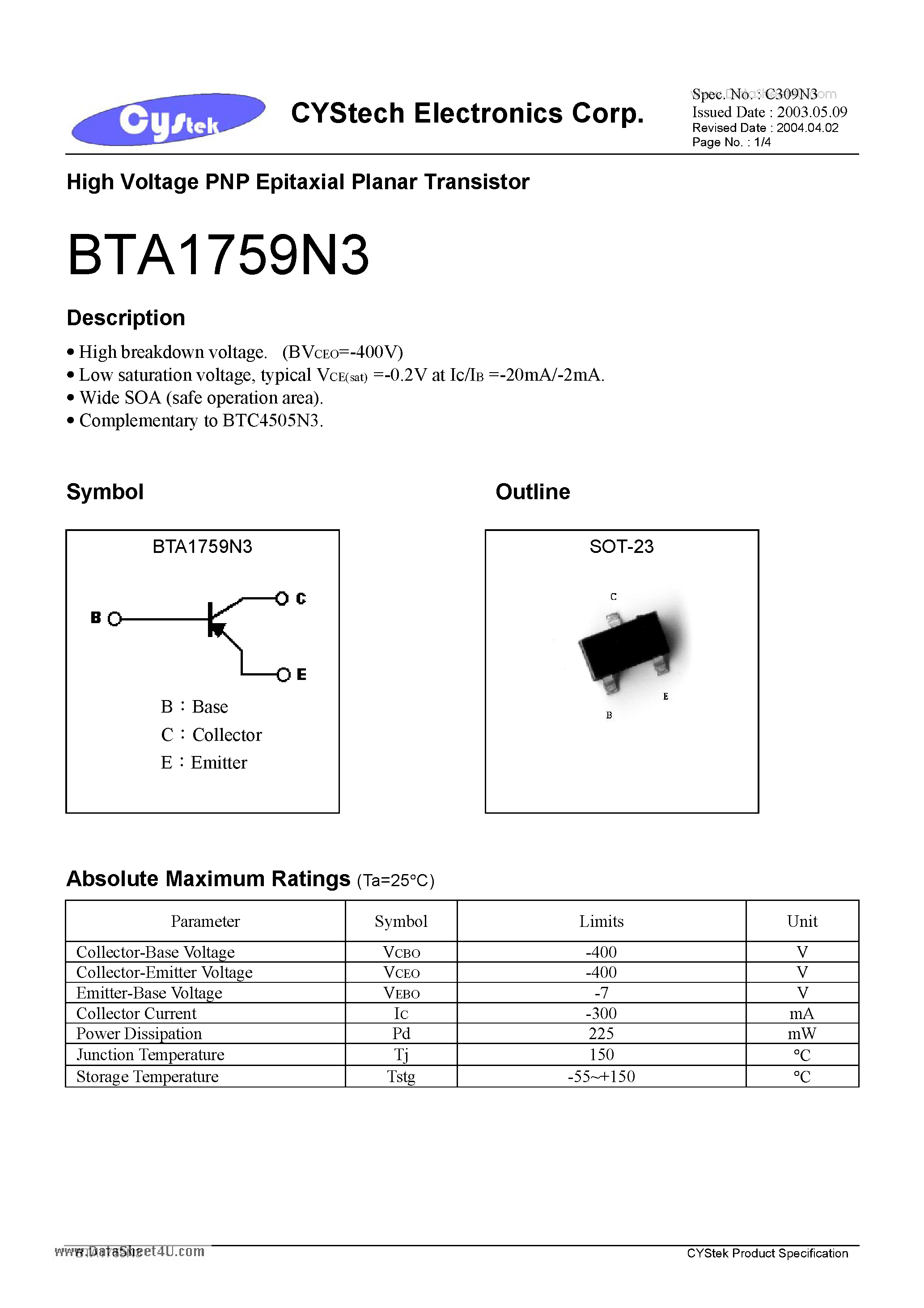 Даташит BTA1759N3 - High Voltage PNP Epitaxial Planar Transistor страница 1