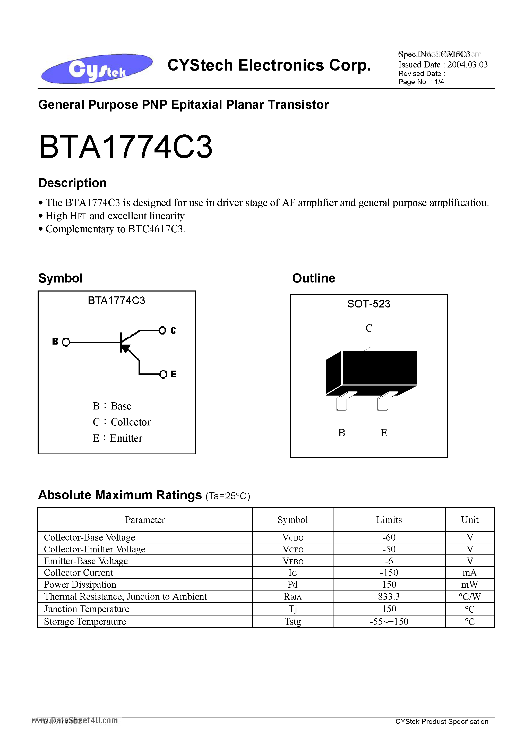 Даташит BTA1774C3 - General Purpose PNP Epitaxial Planar Transistor страница 1