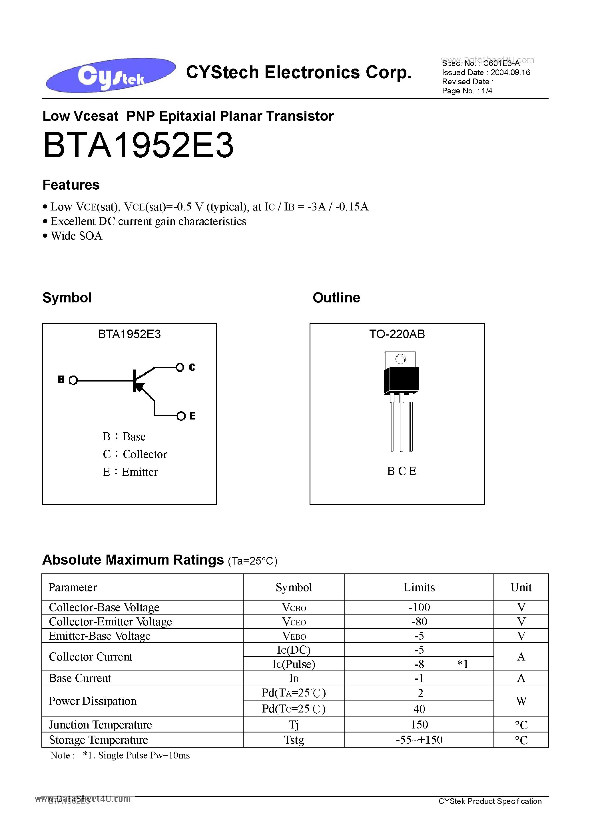 Даташит BTA1952E3 - Low Vcesat PNP Epitaxial Planar Transistor страница 1