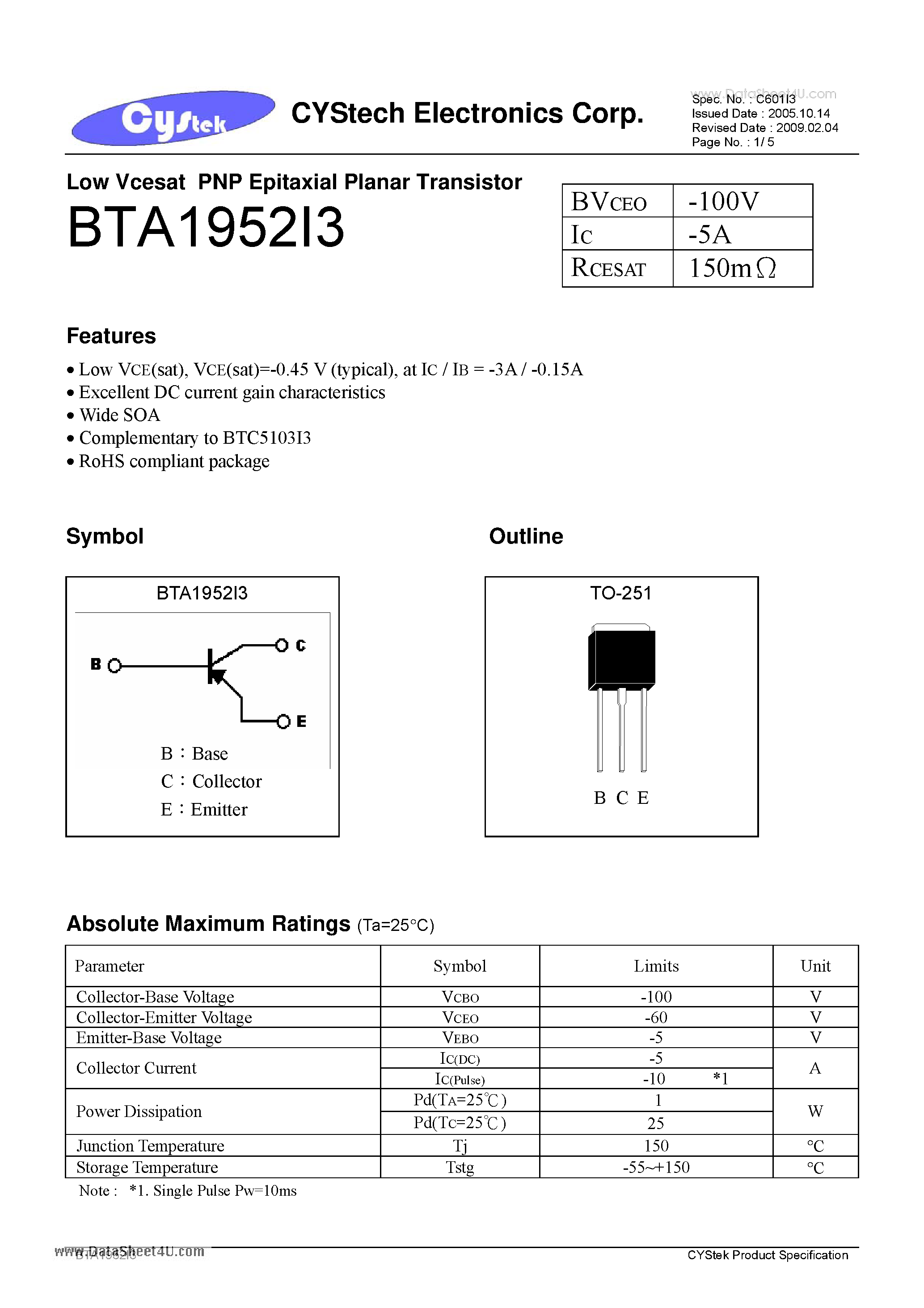Даташит BTA1952I3 - Low Vcesat PNP Epitaxial Planar Transistor страница 1