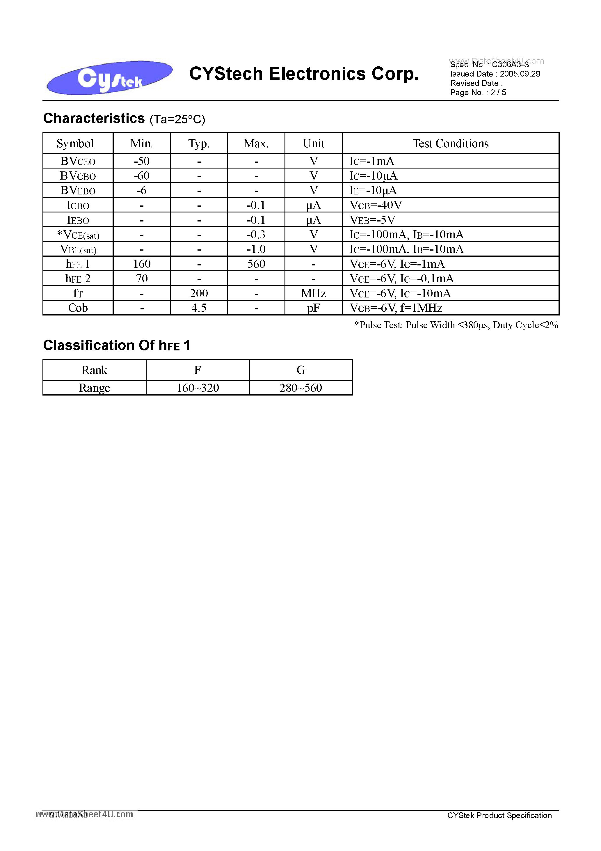 Datasheet BTA608A3 - General Purpose PNP Epitaxial Planar Transistor page 2
