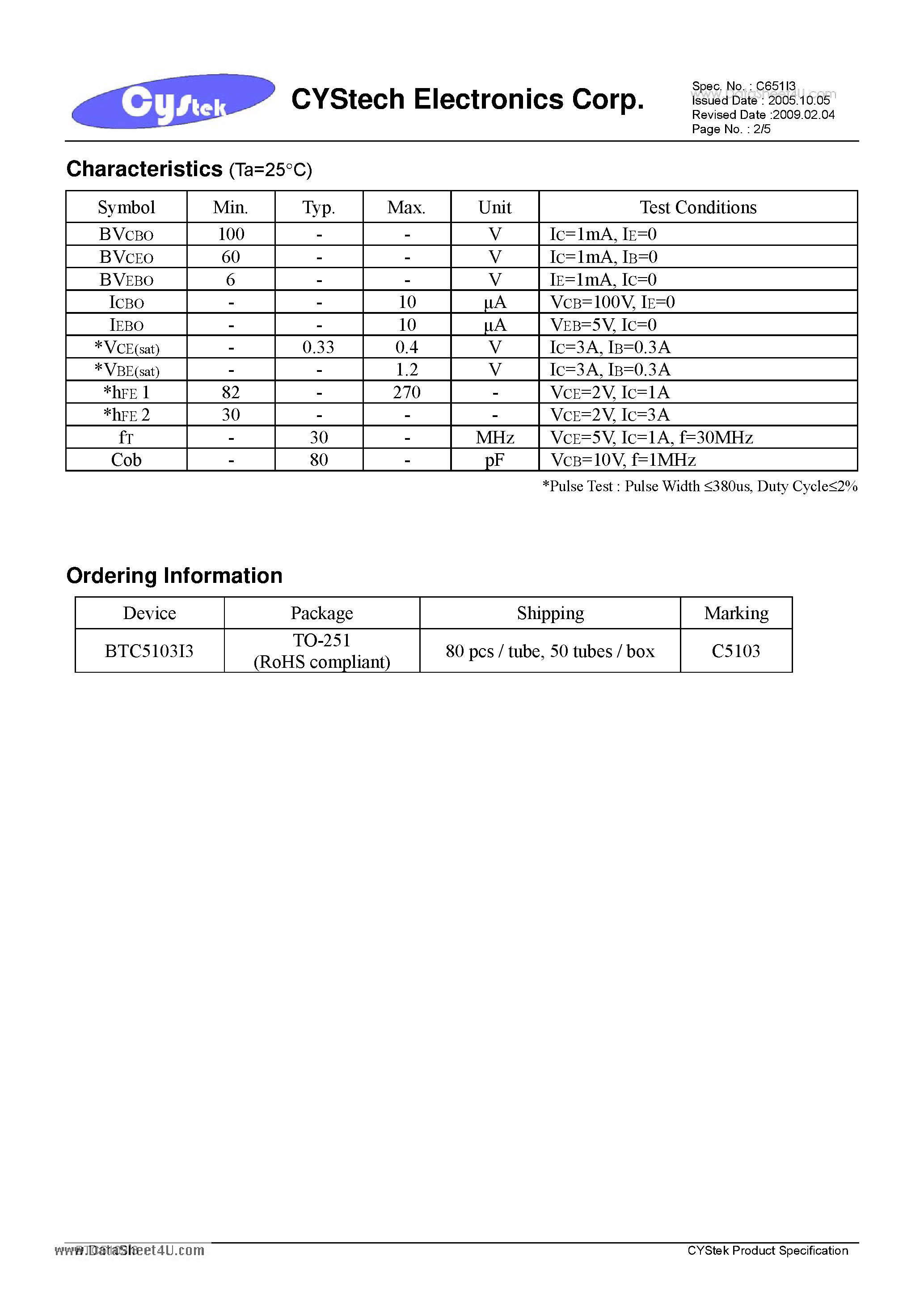 Даташит на микросхему BTC5103I3 страница 2 Даташит BTC5103I3 - High Speed Switching Transistor страница 2