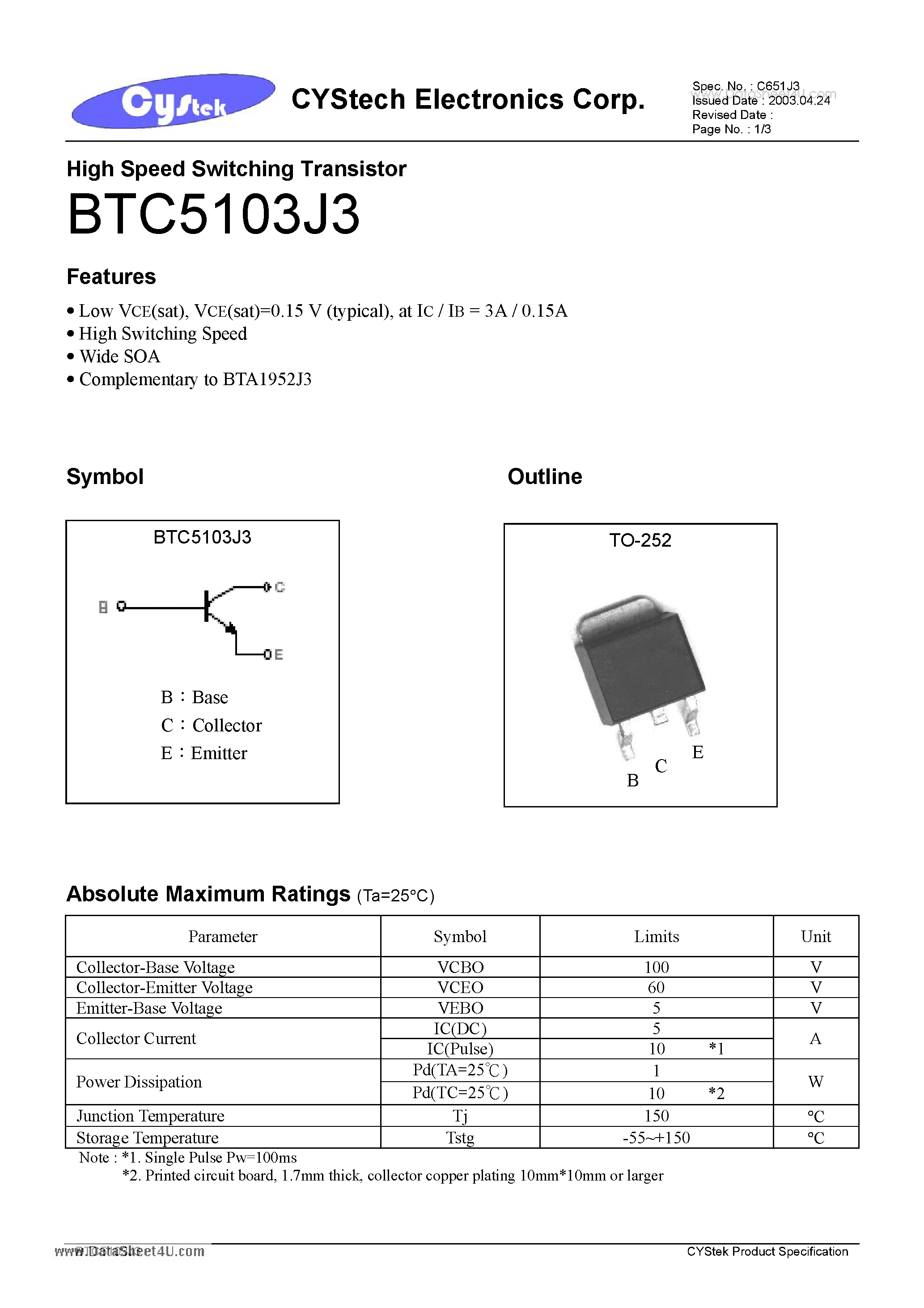 Даташит BTC5103J3 - High Speed Switching Transistor страница 1