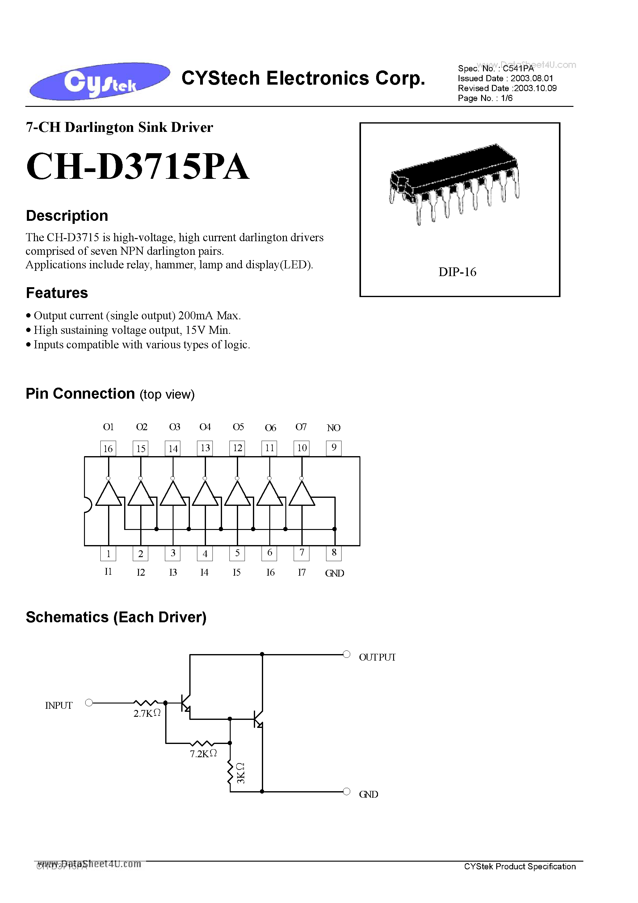Datasheet CH-D3715PA - 7-CH Darlington Sink Driver page 1