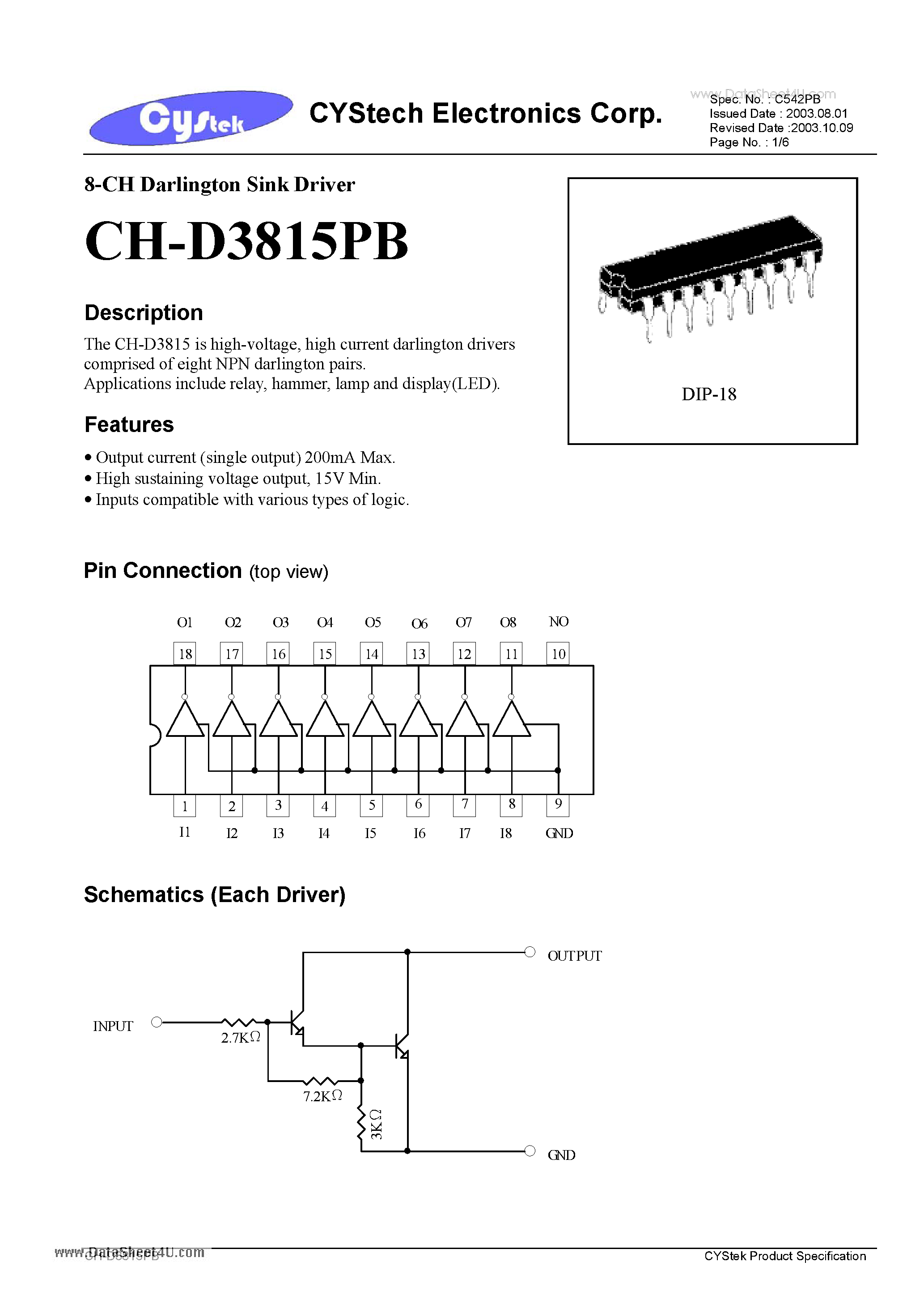 Даташит на микросхему CH-D3815PB страница 1 Даташит CH-D3815PB - 8-CH Darlington Sink Driver страница 1