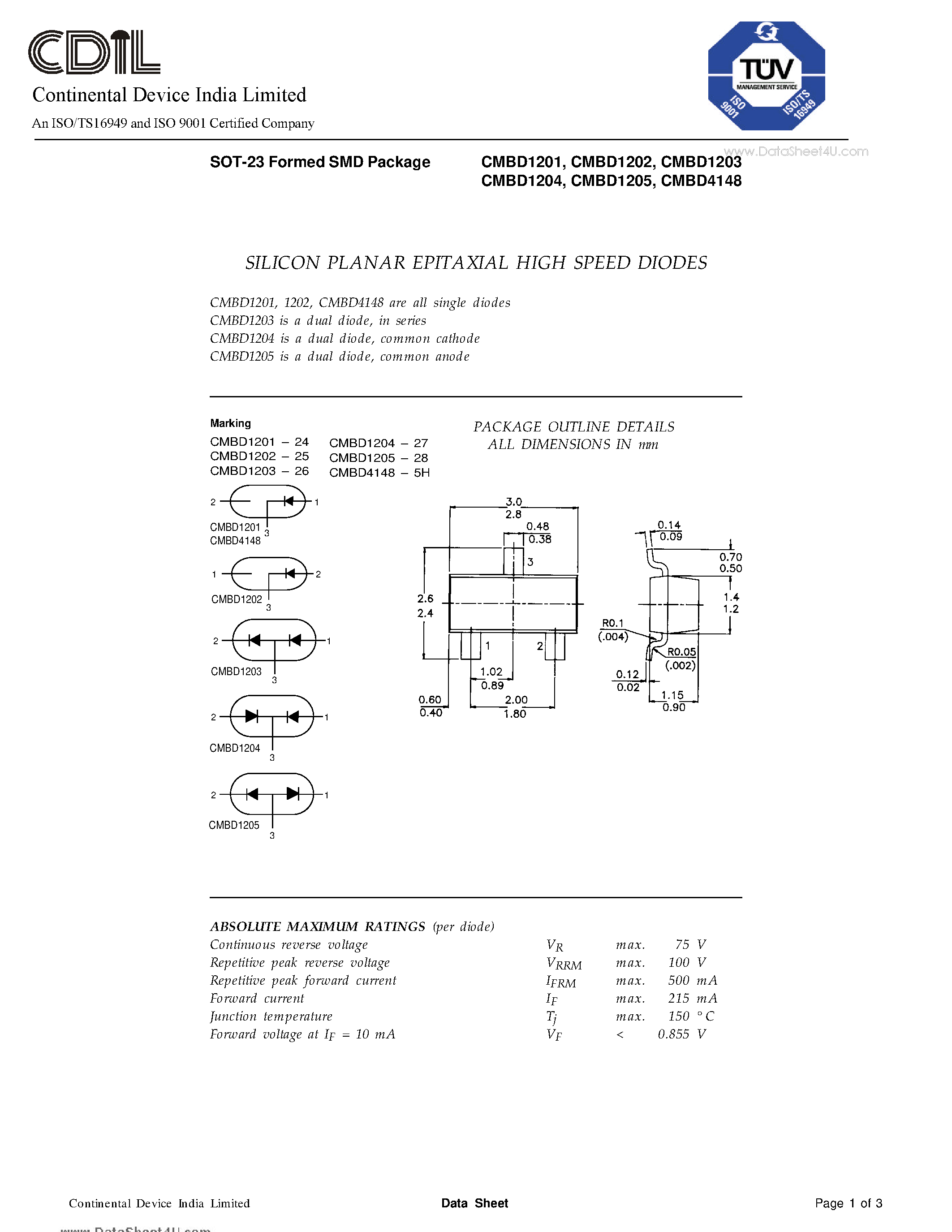 Даташит на микросхему CMBD1201 страница 1 Даташит CMBD1201 - SILICON PLANAR EPITAXIAL HIGH SPEED DIODES страница 1