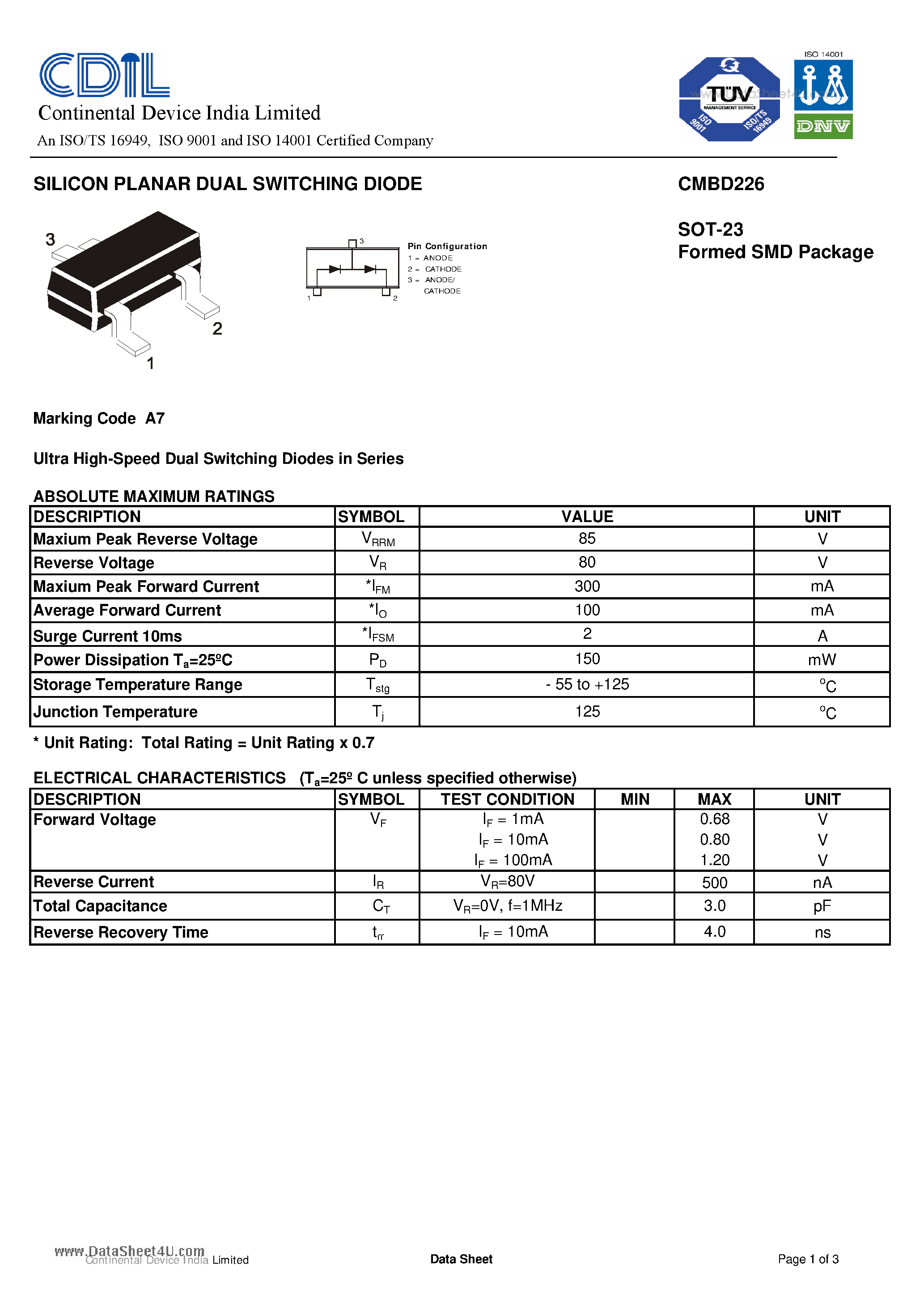 Даташит CMBD226 - SILICON PLANAR DUAL SWITCHING DIODE страница 1