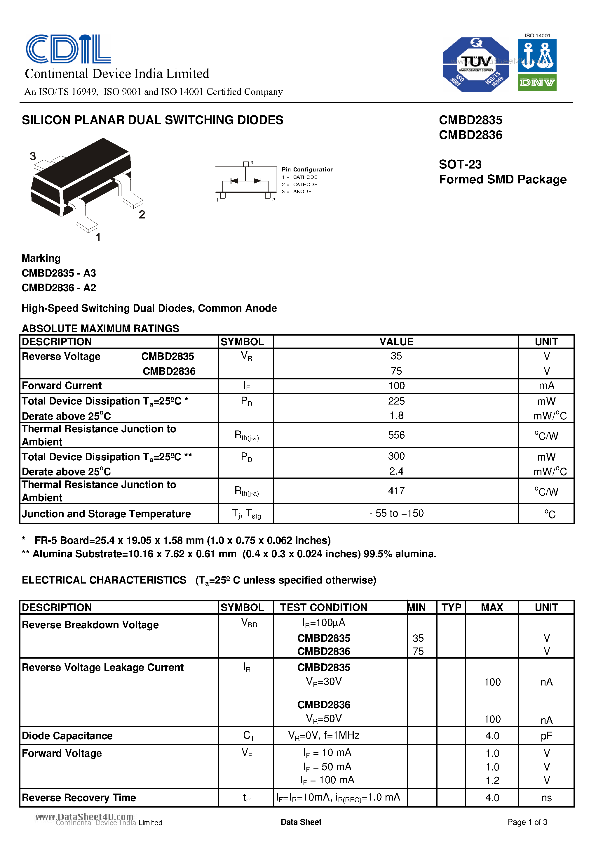Даташит на микросхему CMBD2835 страница 1 Даташит CMBD2835 - SILICON PLANAR DUAL SWITCHING DIODES страница 1
