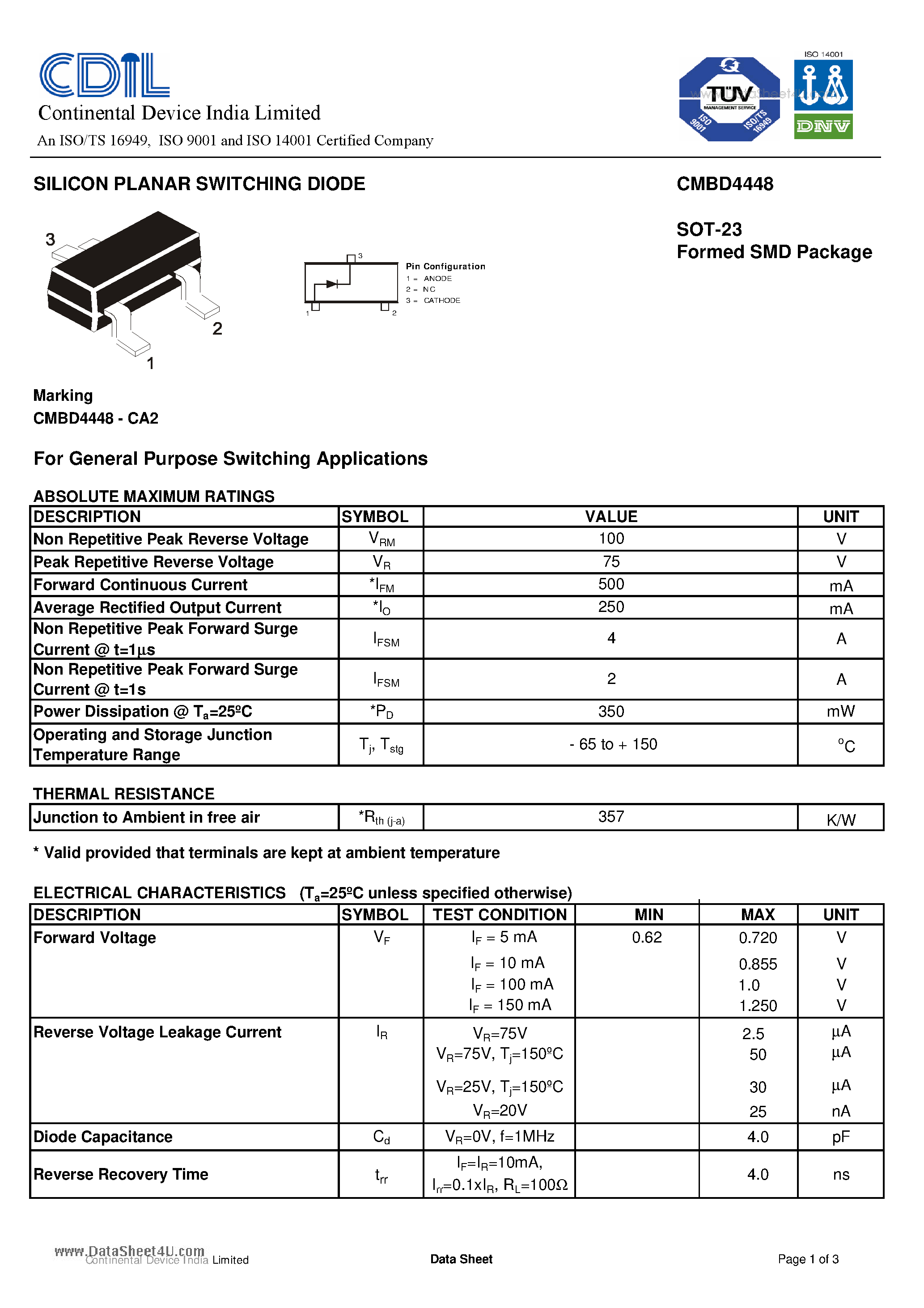 Даташит CMBD4448 - SILICON PLANAR SWITCHING DIODE страница 1