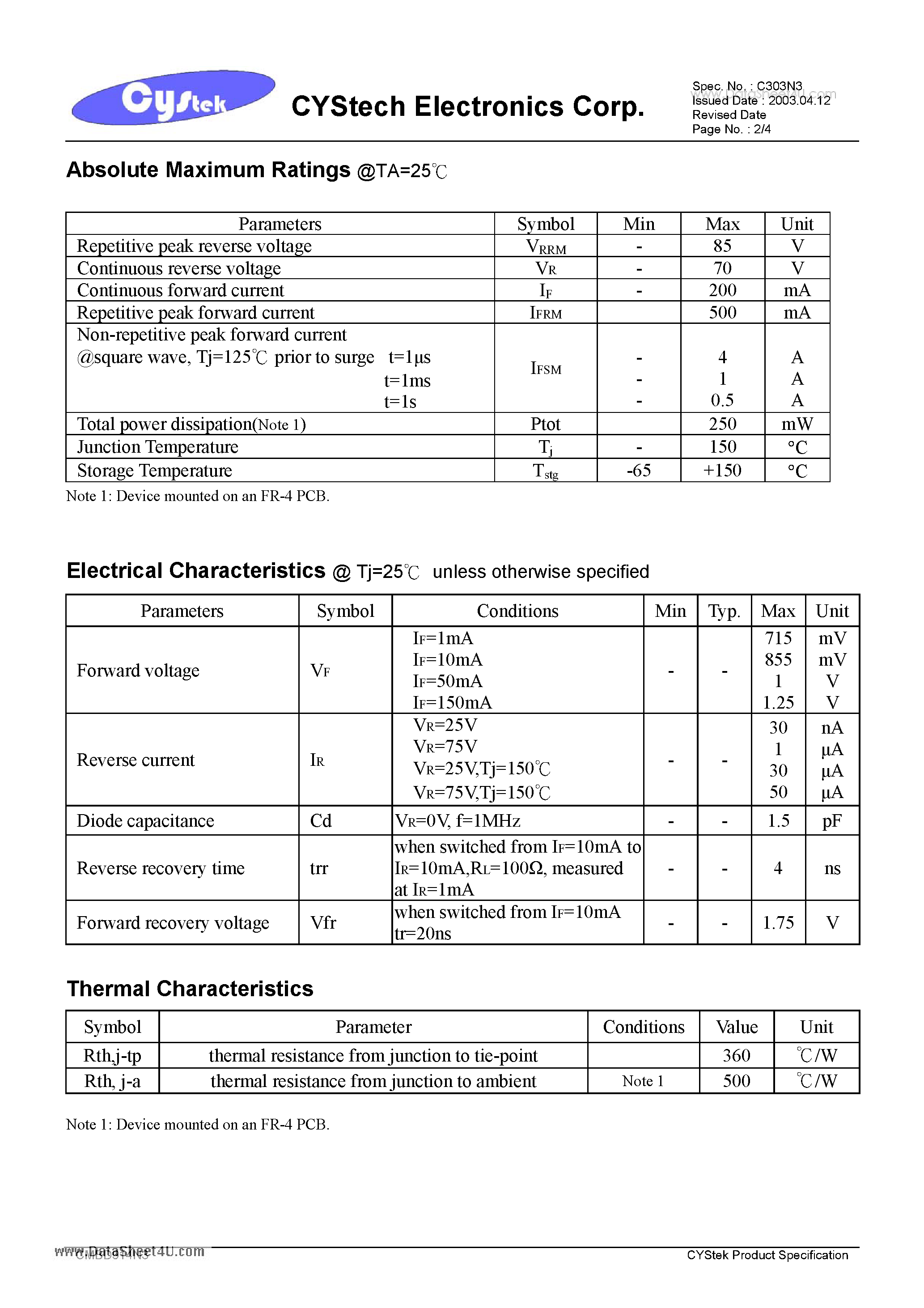 Даташит на микросхему CMBD914N3 страница 2 Даташит CMBD914N3 - High -Speed switching diode страница 2
