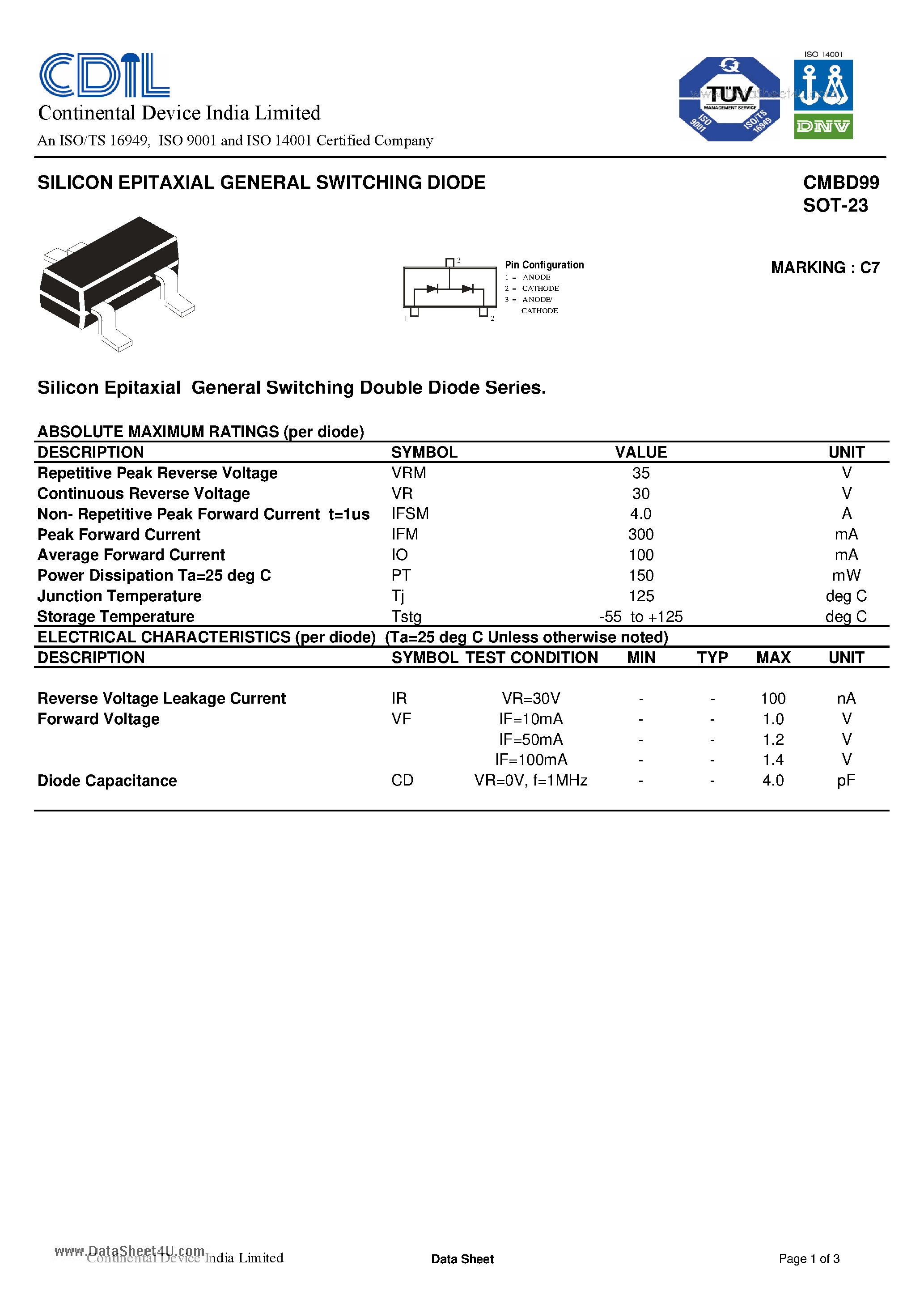 Даташит на микросхему CMBD99 страница 1 Даташит CMBD99 - SILICON EPITAXIAL GENERAL SWITCHING DIODE страница 1