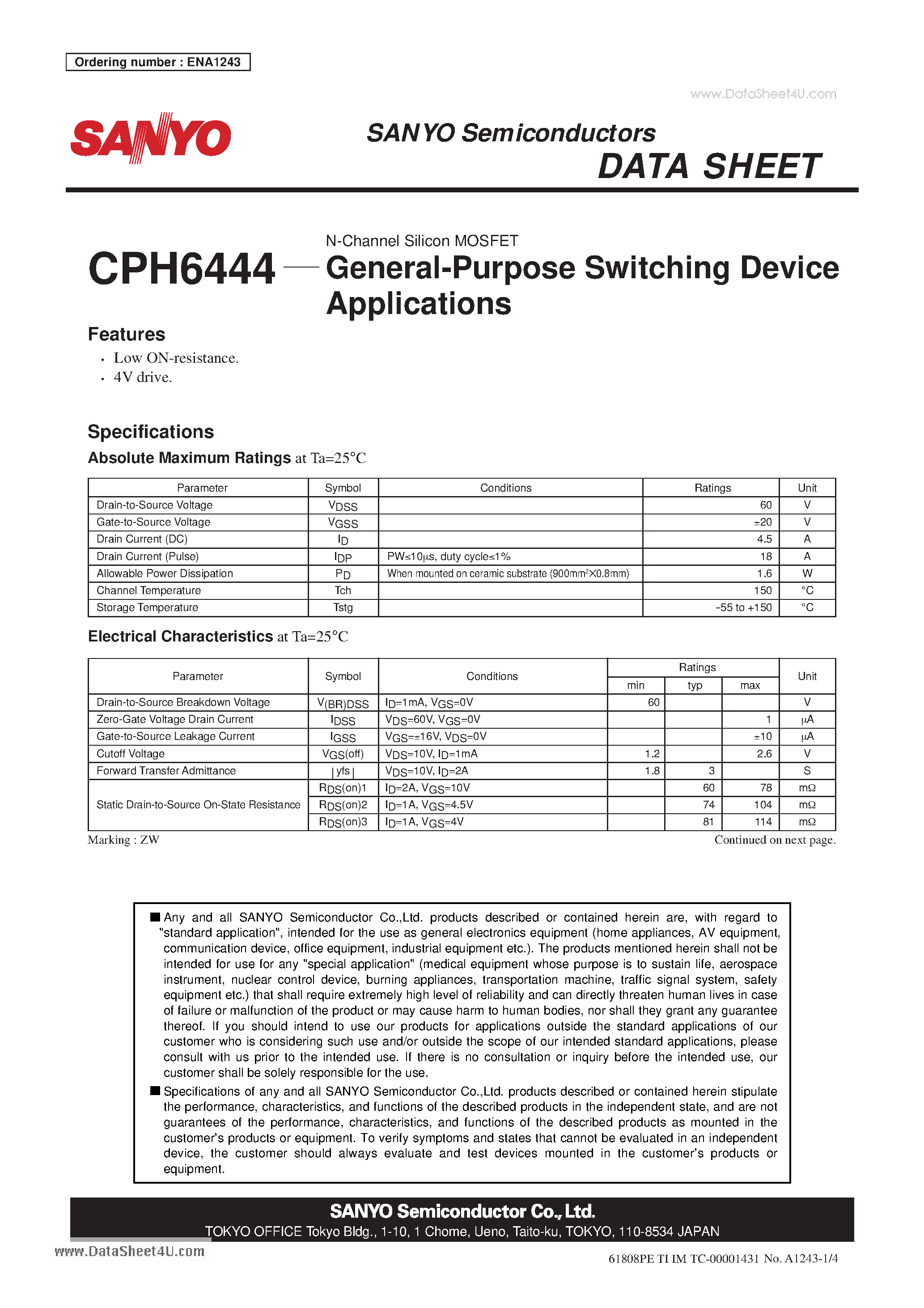 Datasheet CPH6444 - N-Channel Silicon MOSFET General-Purpose Switching Device Applications page 1