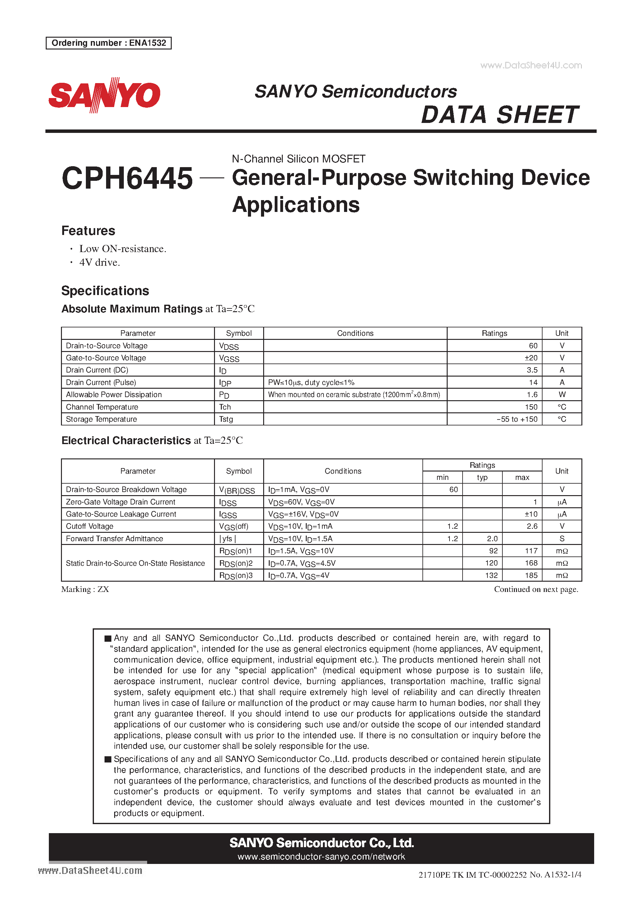 Datasheet CPH6445 - N-Channel Silicon MOSFET page 1