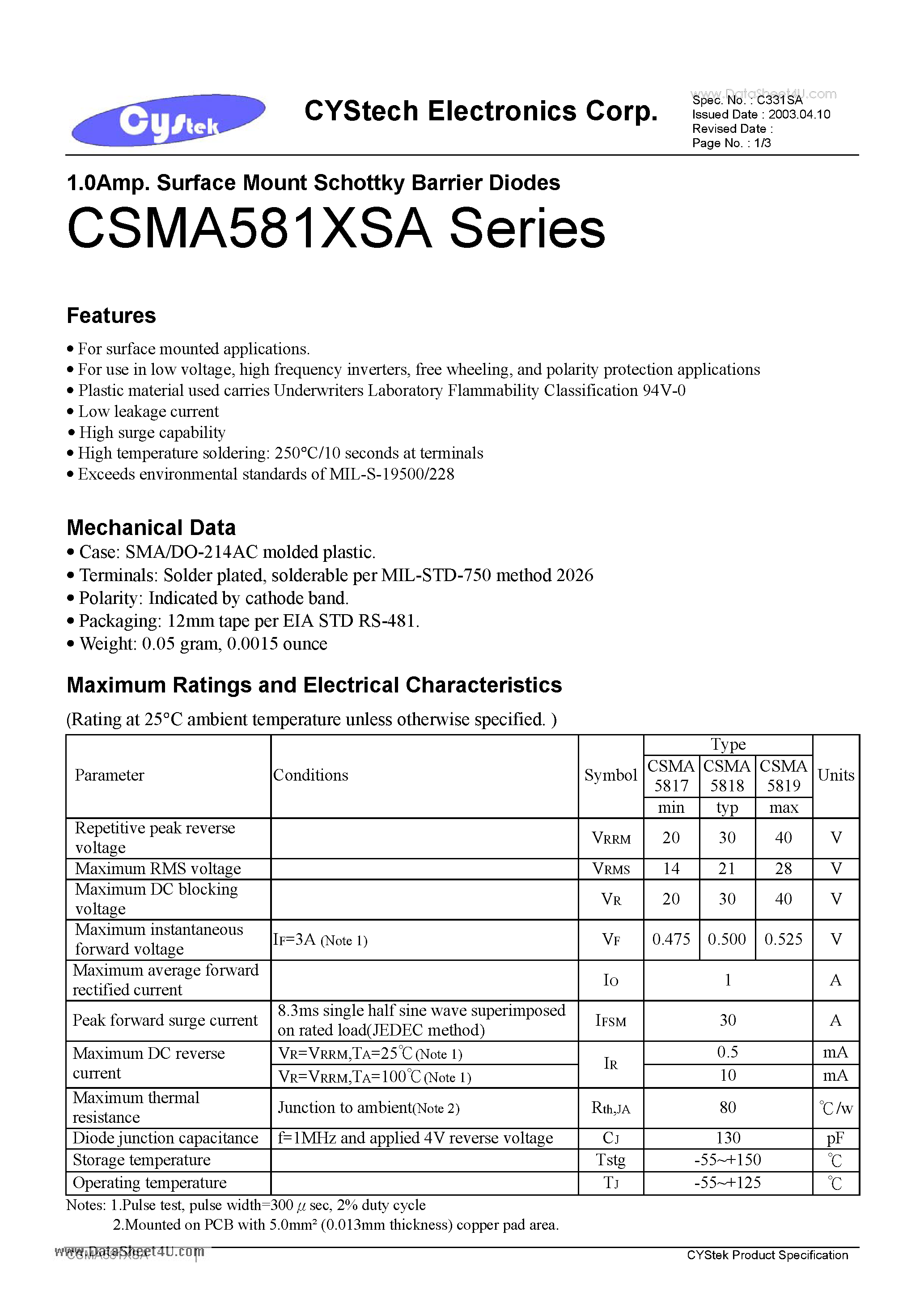 Даташит на микросхему CSMA581XSA страница 1 Даташит CSMA581XSA - 1.0Amp. Surface Mount Schottky Barrier Diodes страница 1
