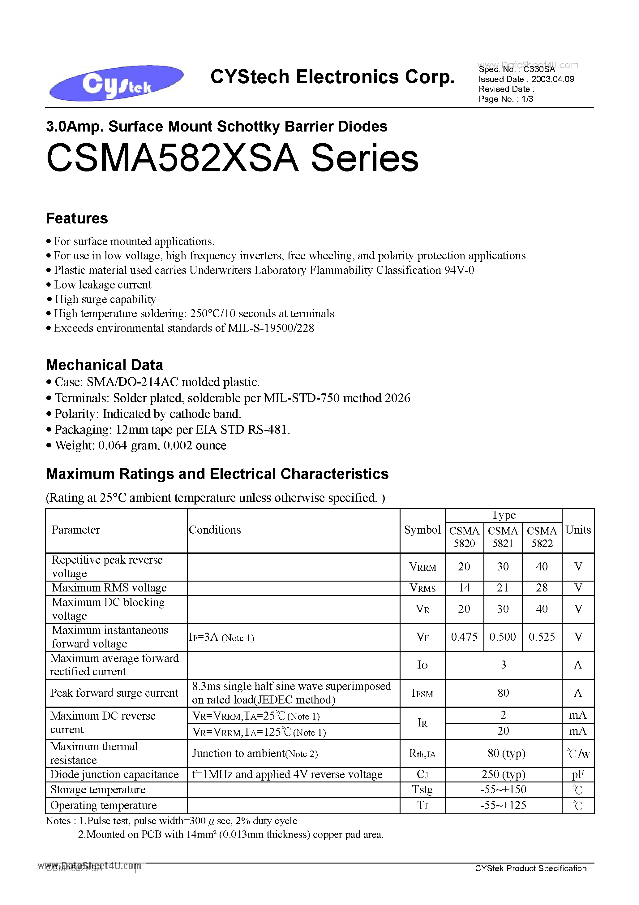 Datasheet CSMA582XSA page 1 Datasheet CSMA582XSA - 3.0Amp. Surface Mount Schottky Barrier Diodes page 1