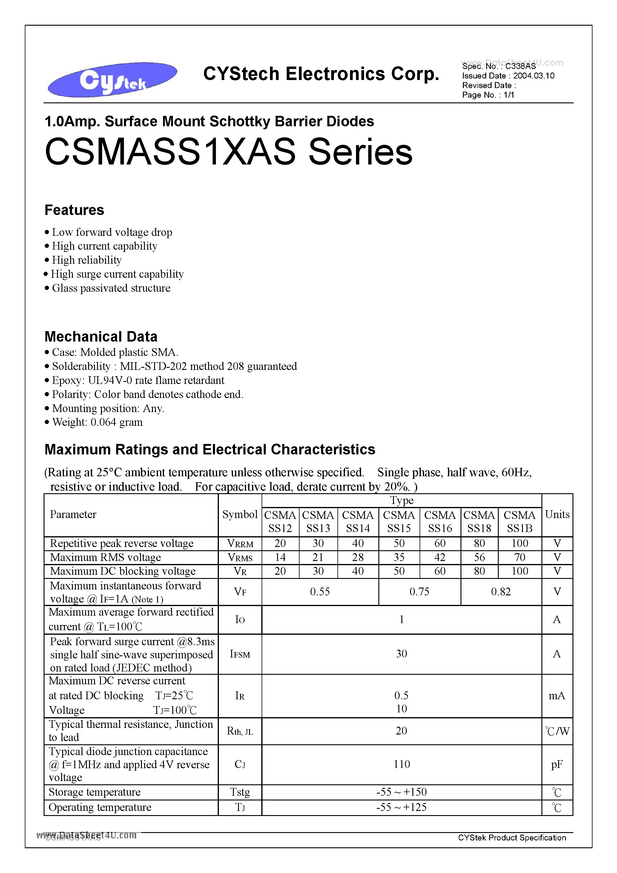 Даташит на микросхему CSMASS1XAS страница 1 Даташит CSMASS1XAS - 1.0Amp. Surface Mount Schottky Barrier Diodes страница 1