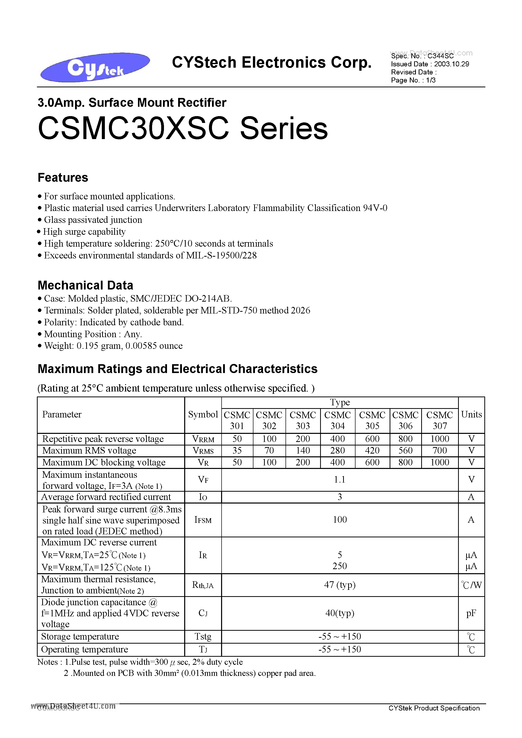 Datasheet CSMC30XSC page 1 Datasheet CSMC30XSC - 3.0Amp. Surface Mount Rectifier page 1