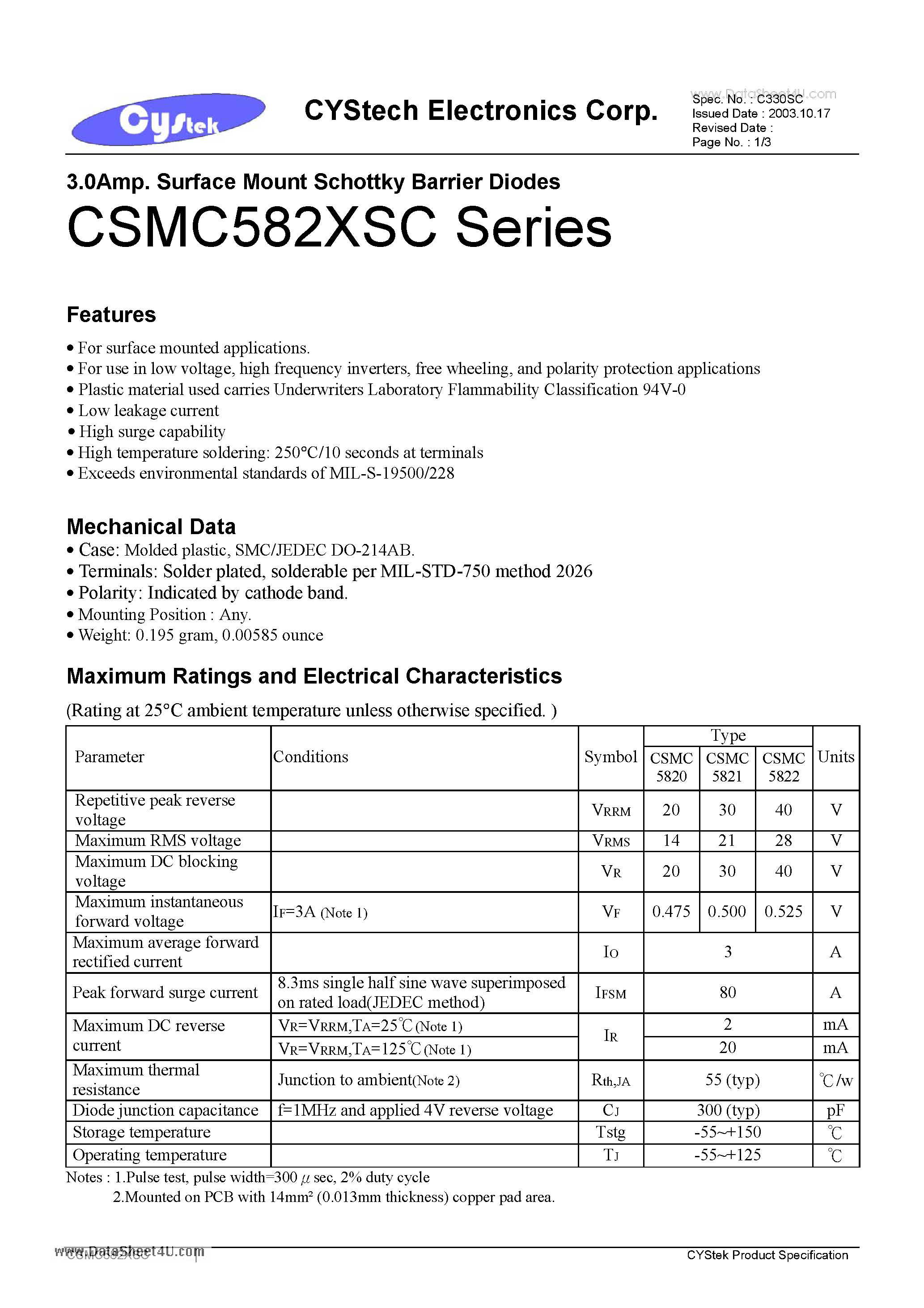 Datasheet CSMC582XSC page 1 Datasheet CSMC582XSC - 3.0Amp. Surface Mount Schottky Barrier Diodes page 1