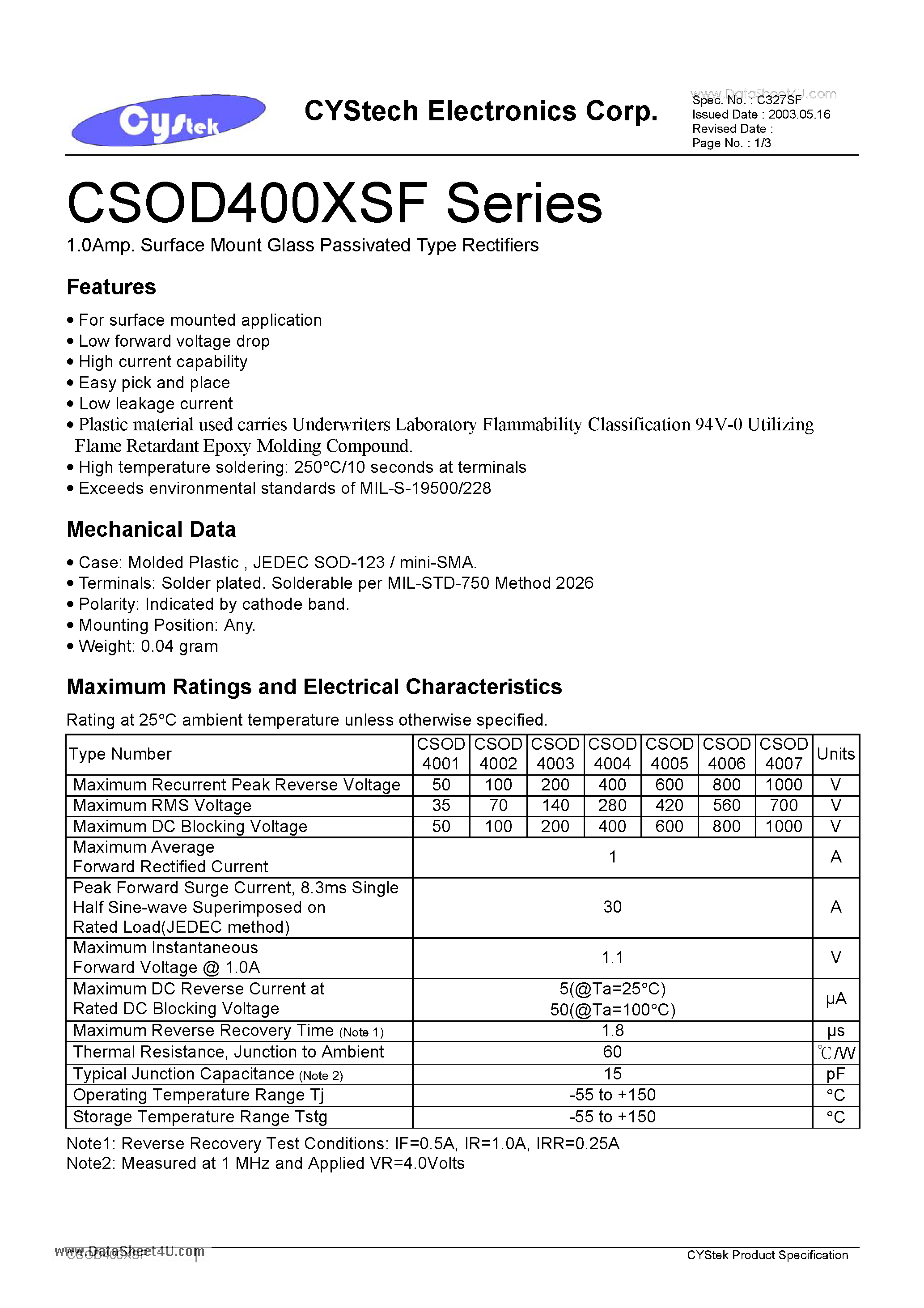 Даташит на микросхему CSOD400XSF страница 1 Даташит CSOD400XSF - 1.0Amp. Surface Mount Glass Passivated Type Rectifiers страница 1