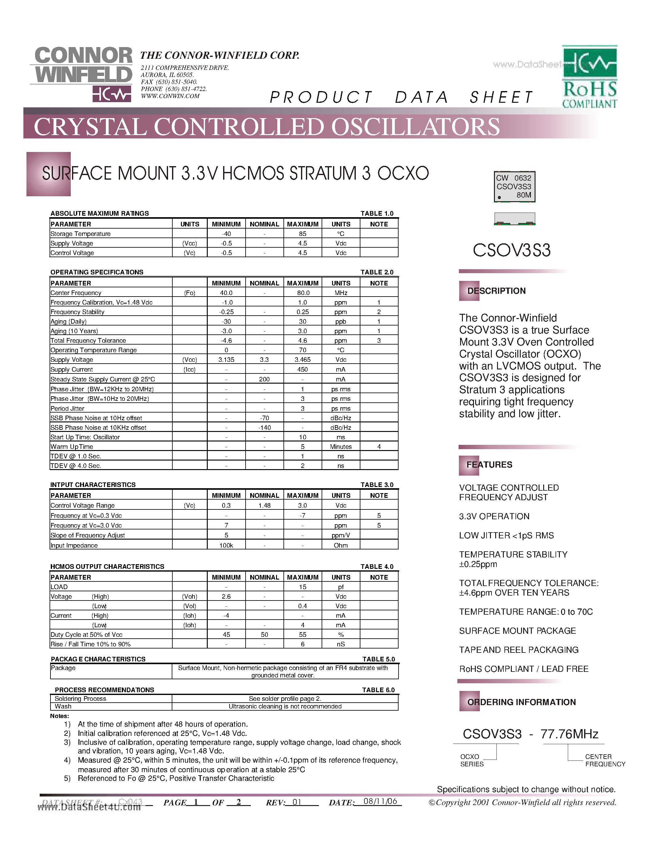 Datasheet CSOV3S3 - SURFACE MOUNT 3.3V HCMOS STRATUM 3 OCXO page 1