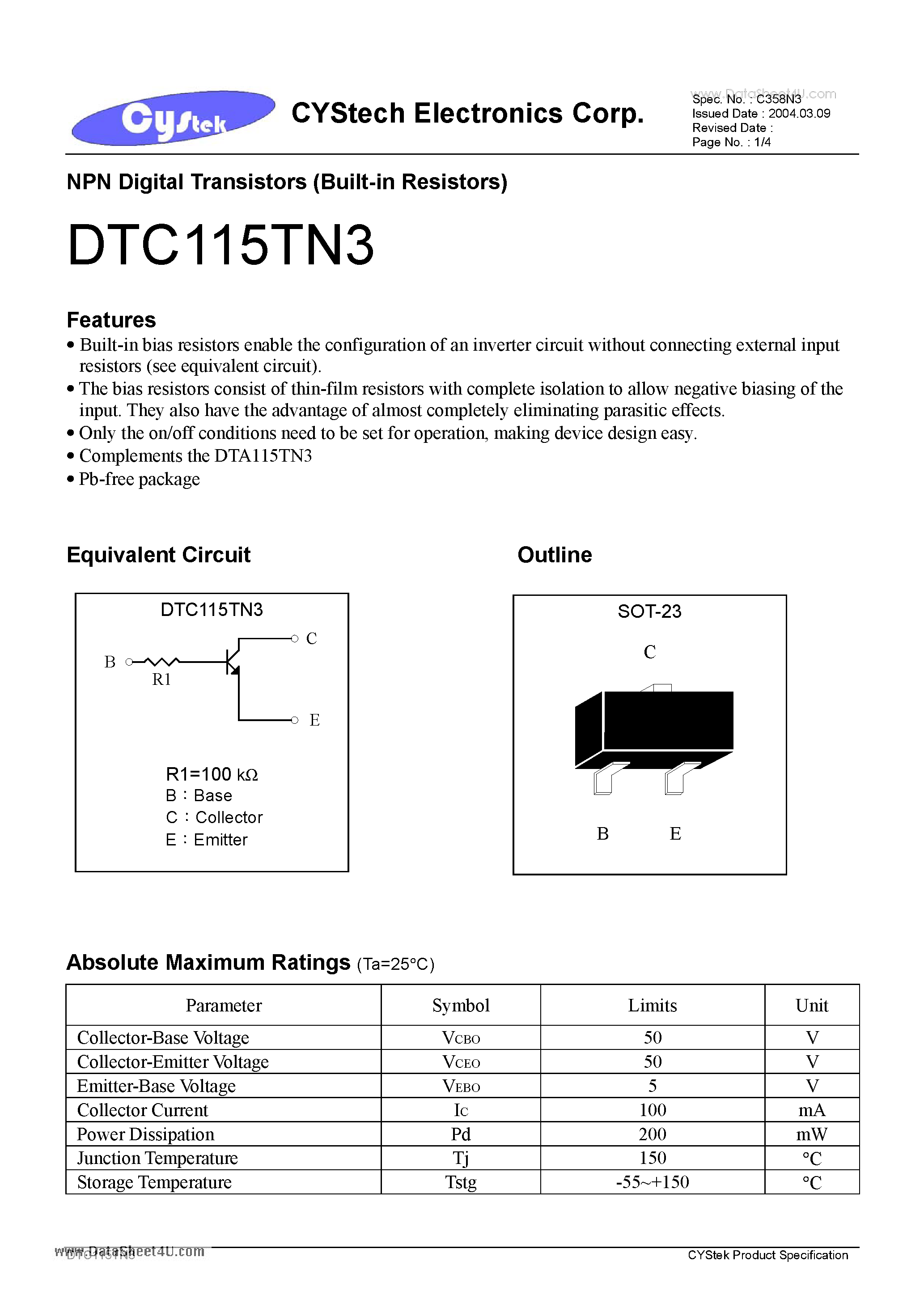 Datasheet DTC115TN3 - NPN Digital Transistors (Built-in Resistors) page 1