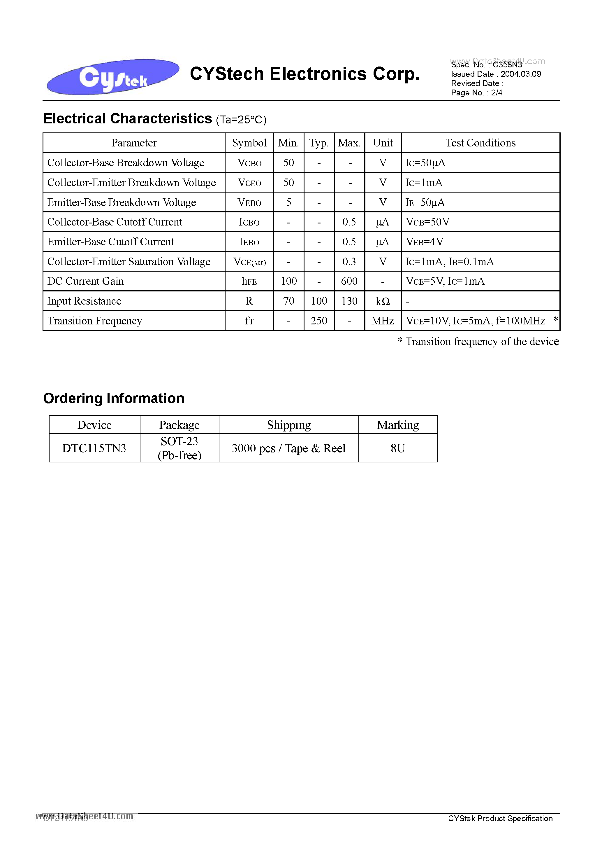 Datasheet DTC115TN3 - NPN Digital Transistors (Built-in Resistors) page 2