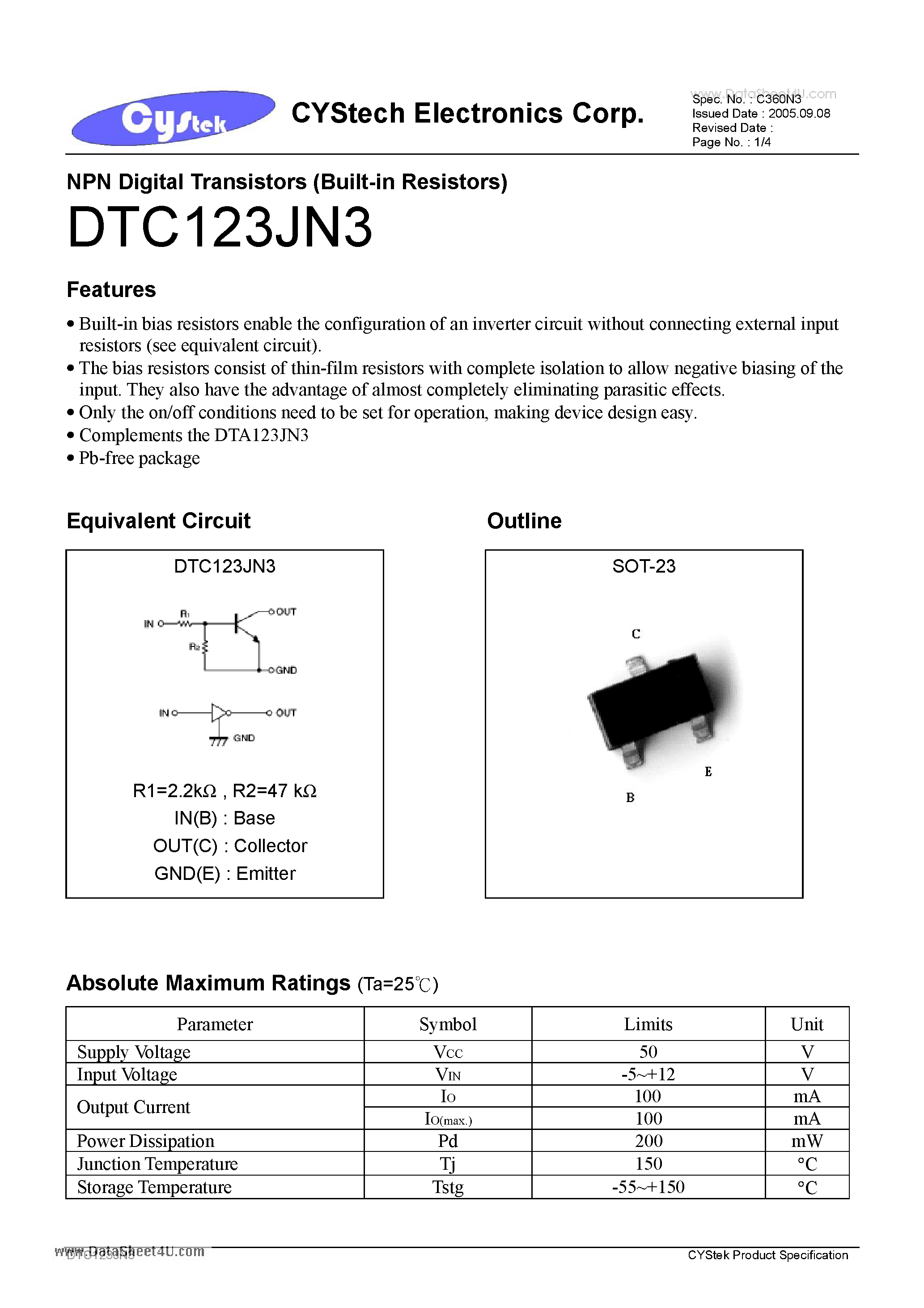 Datasheet DTC123JN3 - NPN Digital Transistors (Built-in Resistors) page 1