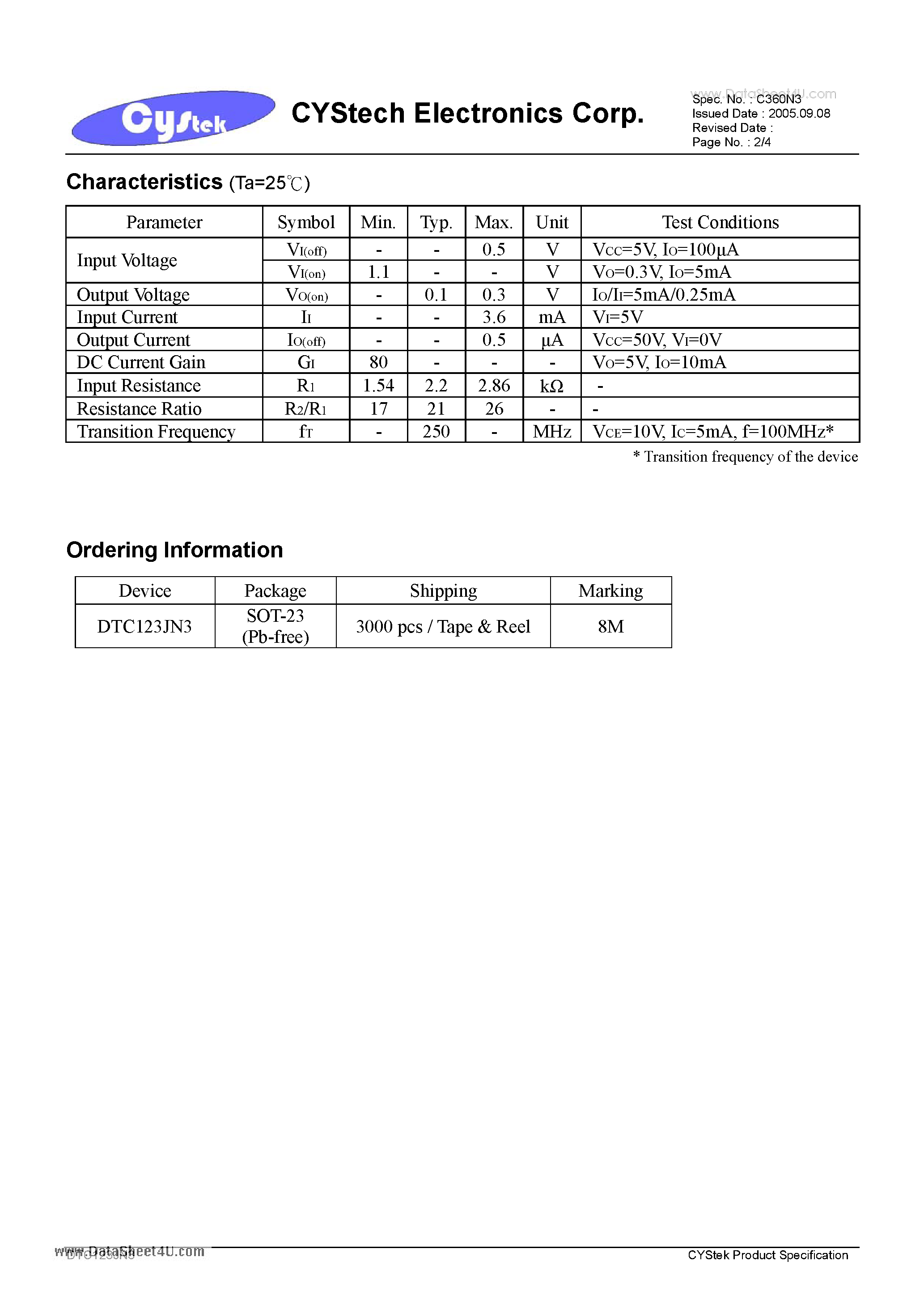 Datasheet DTC123JN3 - NPN Digital Transistors (Built-in Resistors) page 2