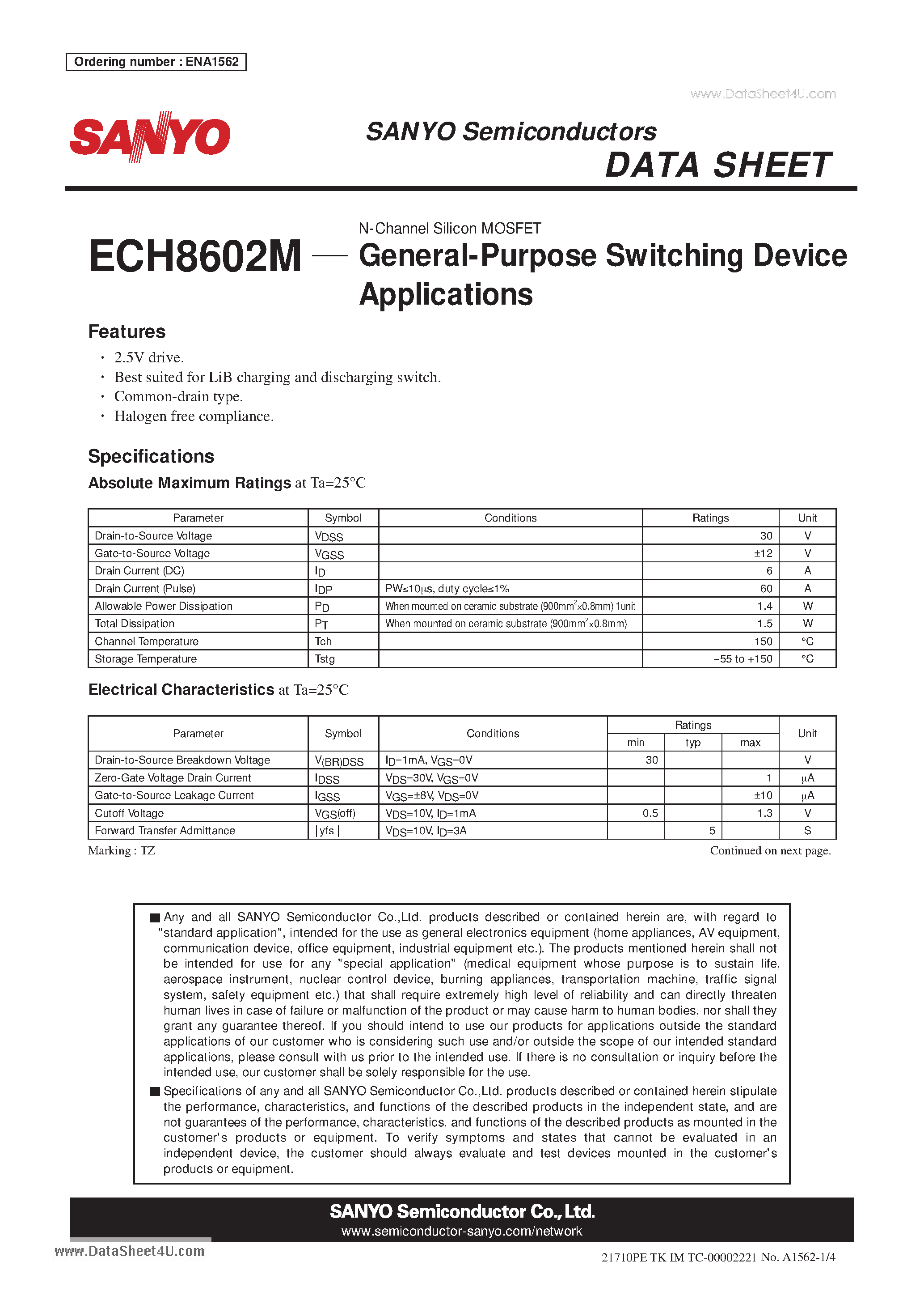 Datasheet ECH8602M - N-Channel Silicon MOSFET page 1