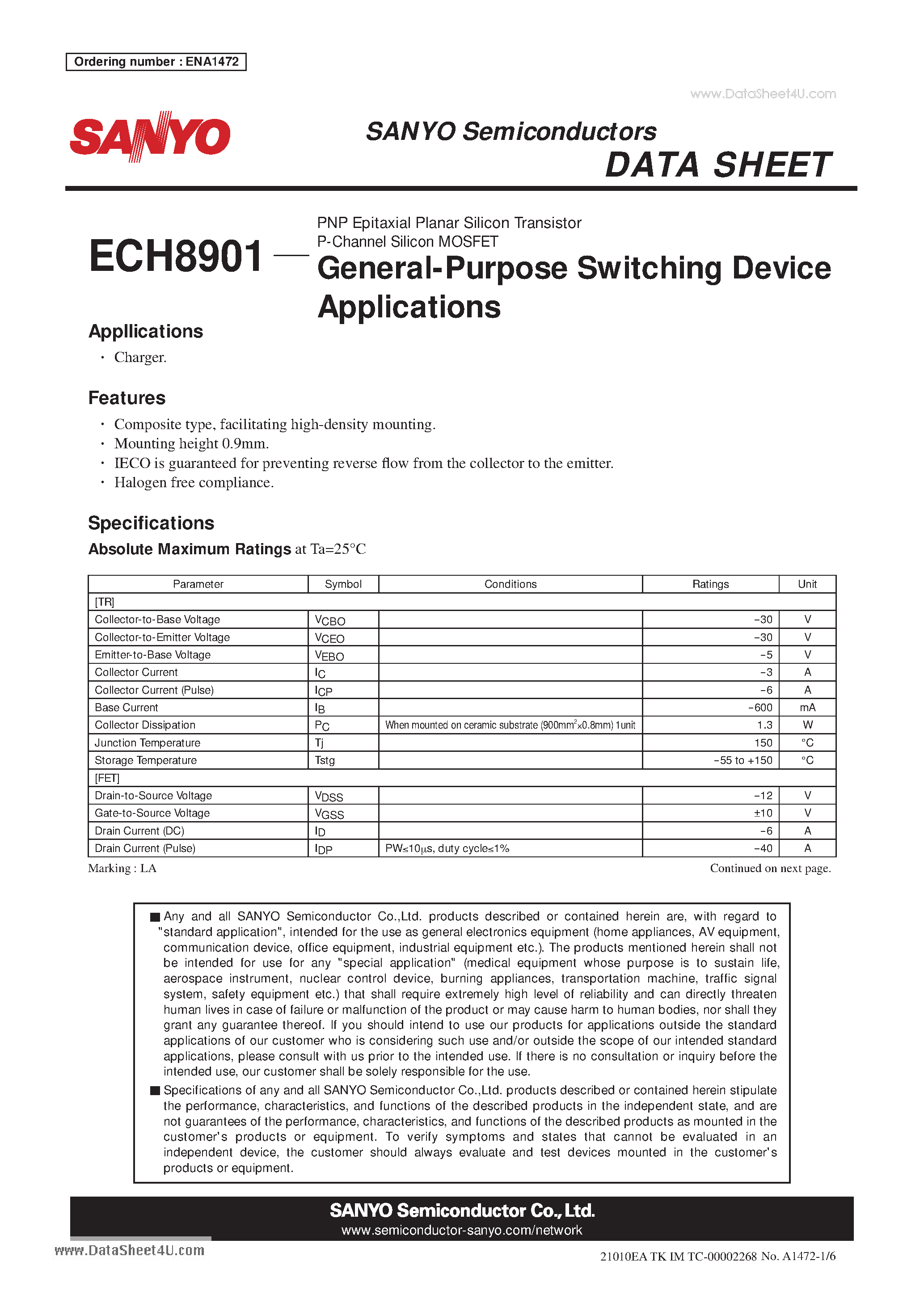 Datasheet ECH8901 - PNP Epitaxial Planar Silicon Transistor P-Channel Silicon MOSFET page 1