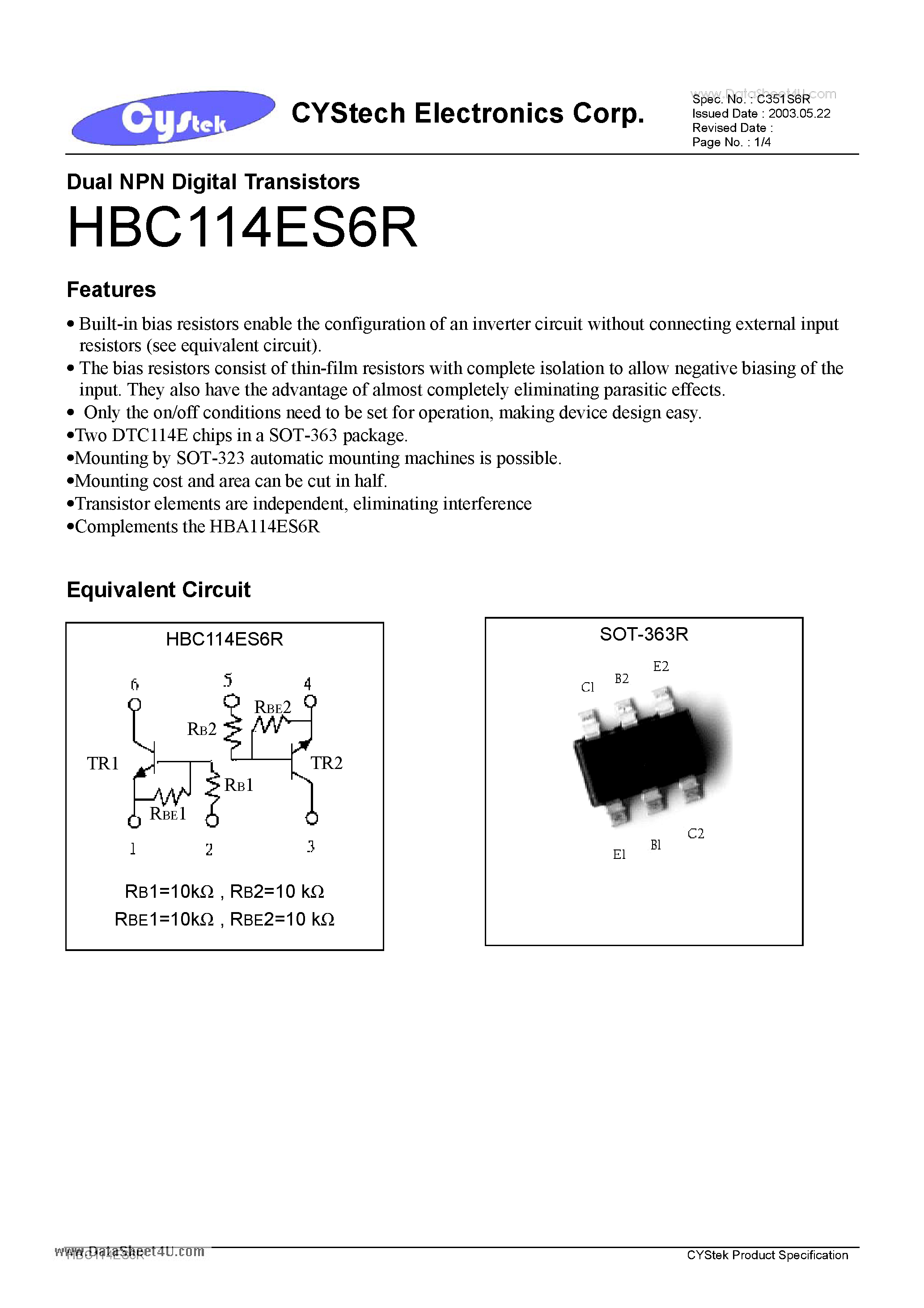 Даташит на микросхему HBA114ES6R страница 1 Даташит HBA114ES6R - Dual NPN Digital Transistors страница 1
