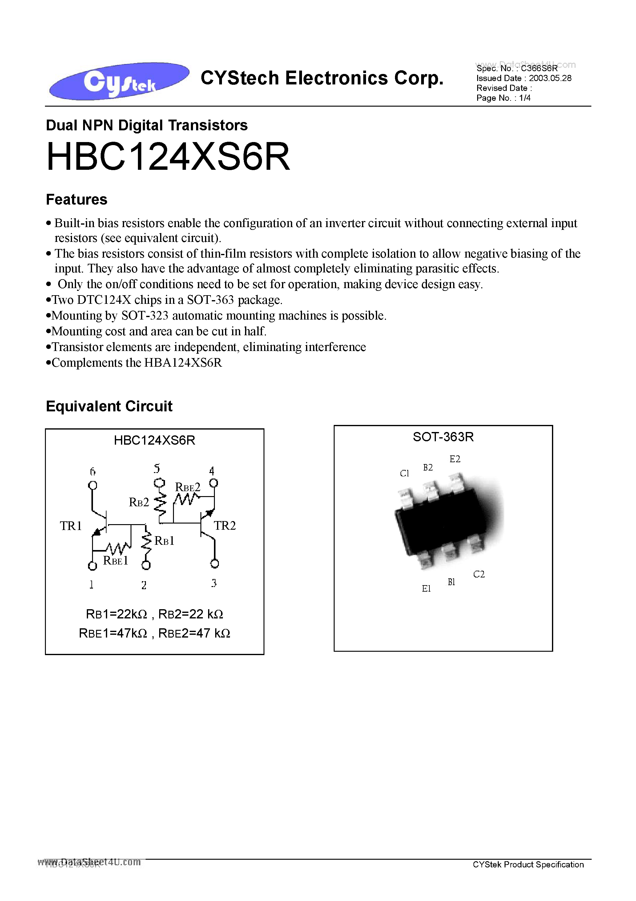 Даташит на микросхему HBA124XS6R страница 1 Даташит HBA124XS6R - Dual NPN Digital Transistors страница 1
