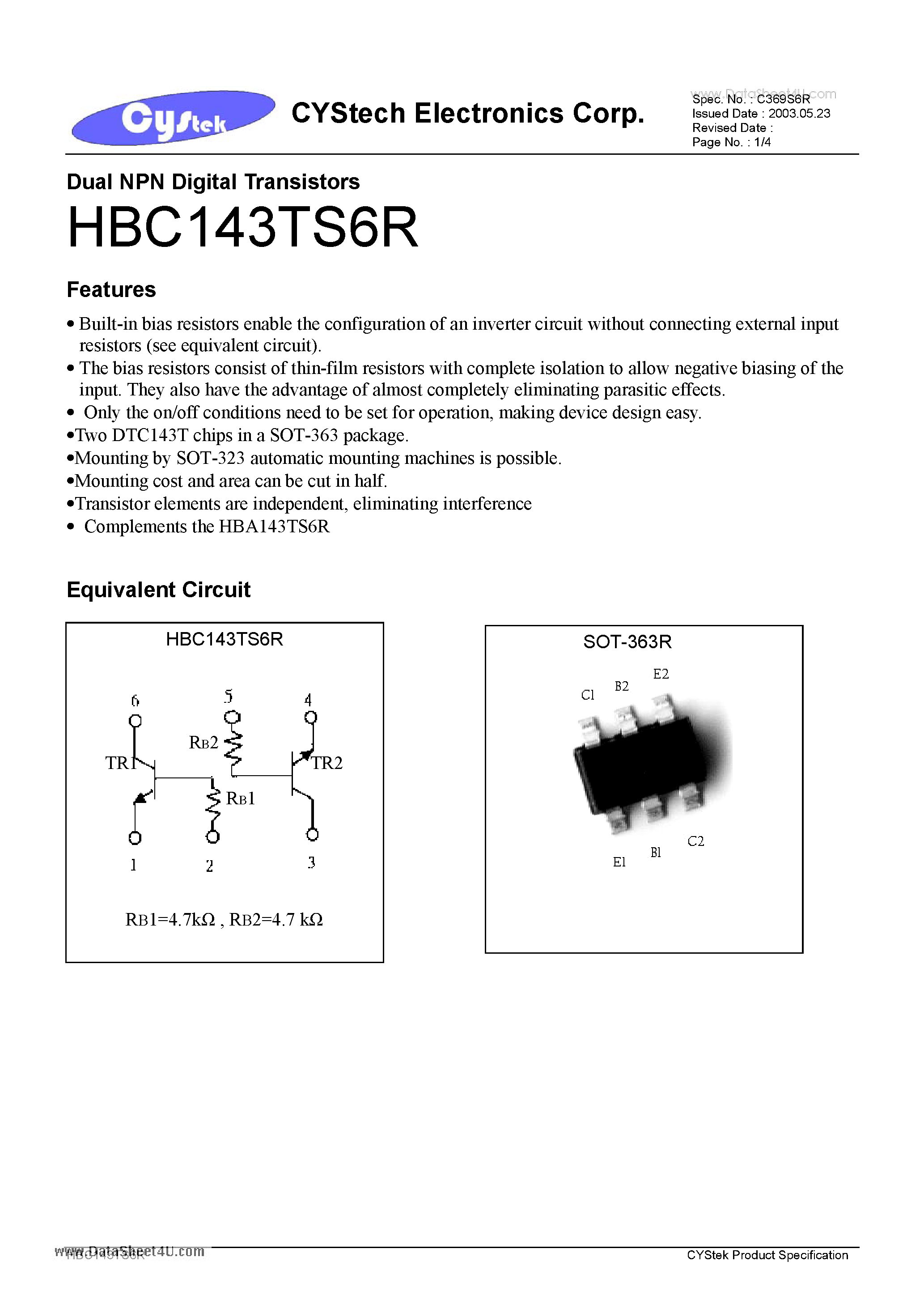 Даташит на микросхему HBA143TS6R страница 1 Даташит HBA143TS6R - Dual NPN Digital Transistors страница 1