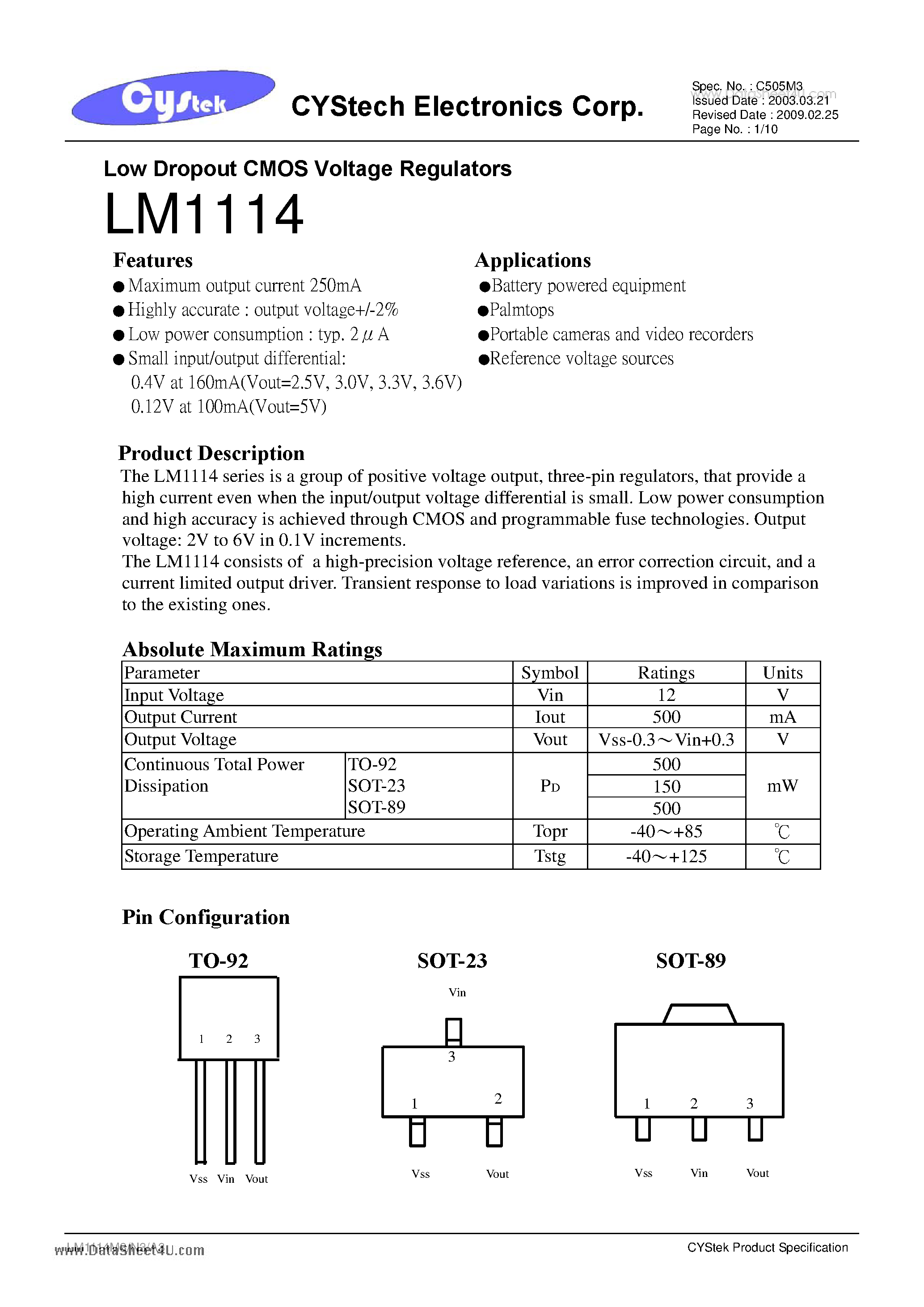 Datasheet LM1114 page 1 Datasheet LM1114 - Low Dropout CMOS Voltage Regulators page 1