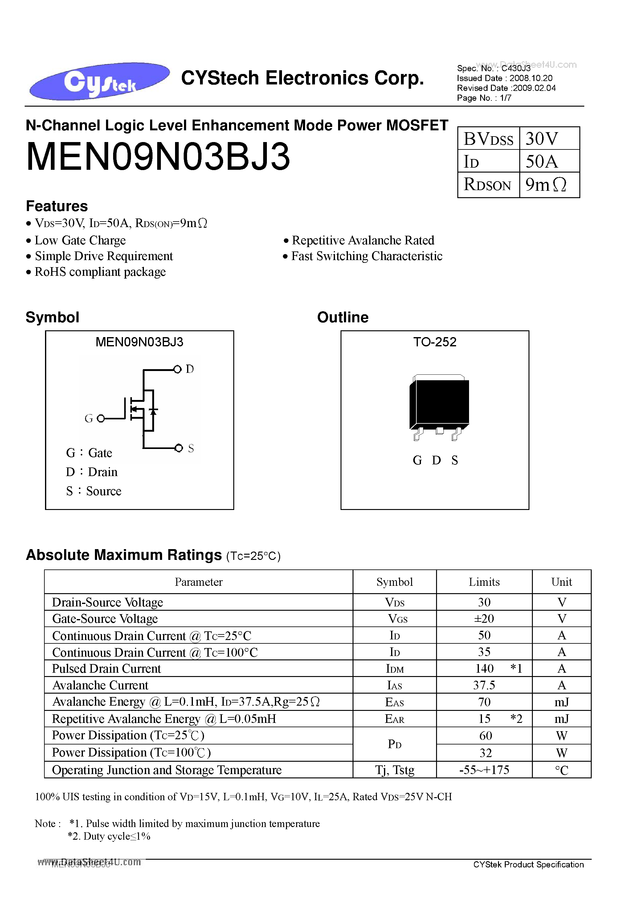 Datasheet MEN09N03BJ3 page 1 Datasheet MEN09N03BJ3 - N-Channel Logic Level Enhancement Mode Power MOSFET page 1