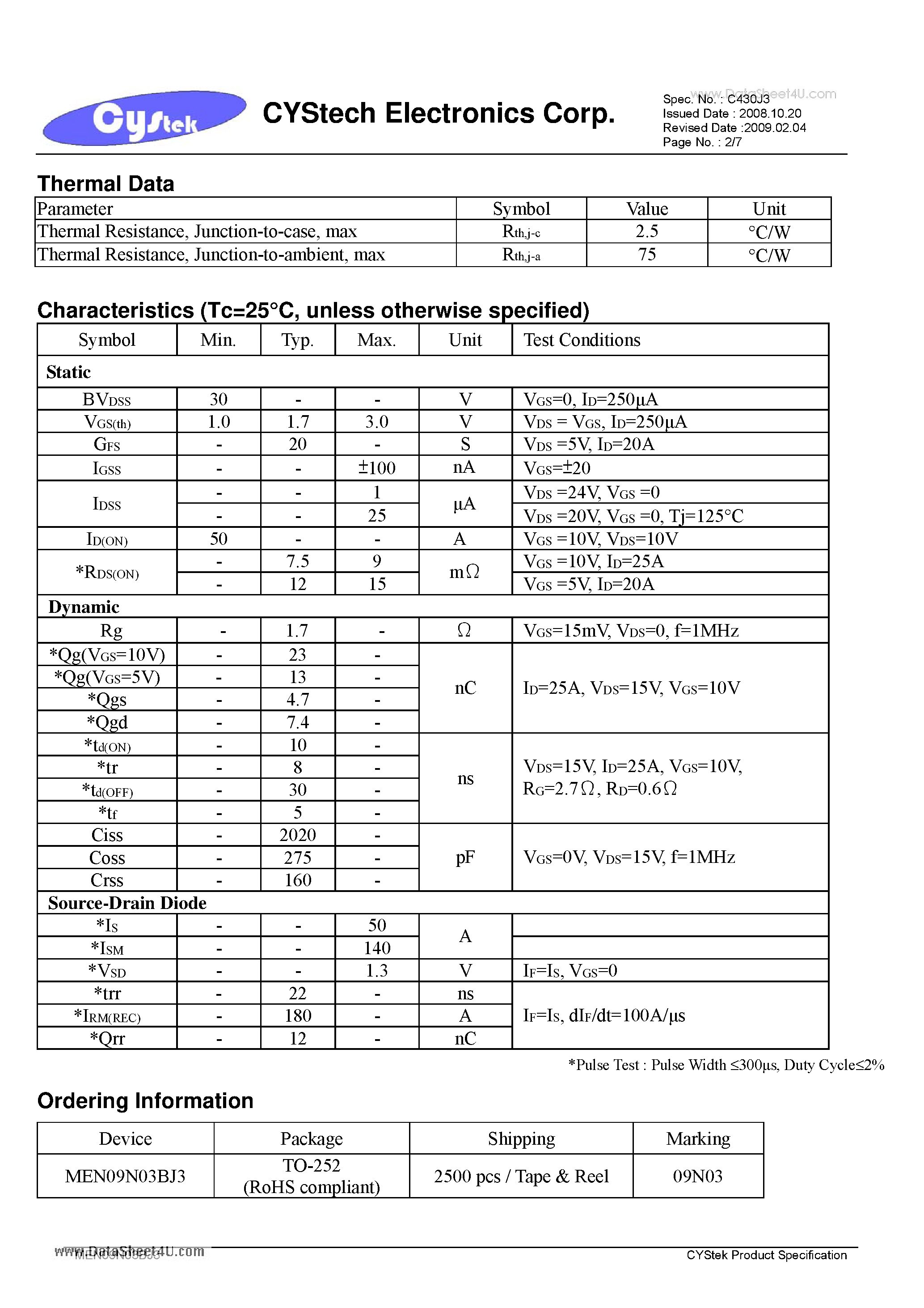 Datasheet MEN09N03BJ3 page 2 Datasheet MEN09N03BJ3 - N-Channel Logic Level Enhancement Mode Power MOSFET page 2