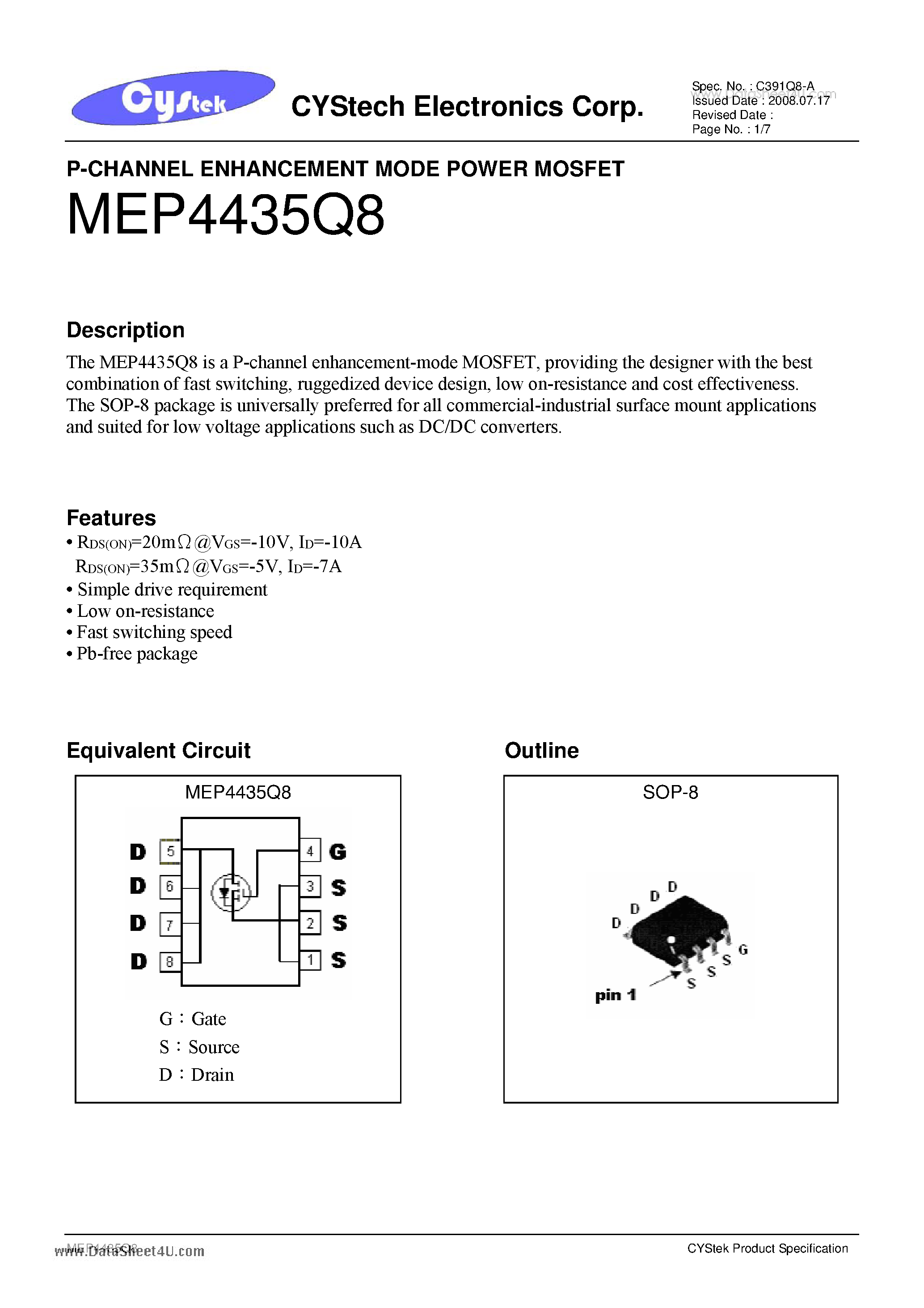 Datasheet MEP4435Q8 page 1 Datasheet MEP4435Q8 - P-CHANNEL ENHANCEMENT MODE POWER MOSFET page 1