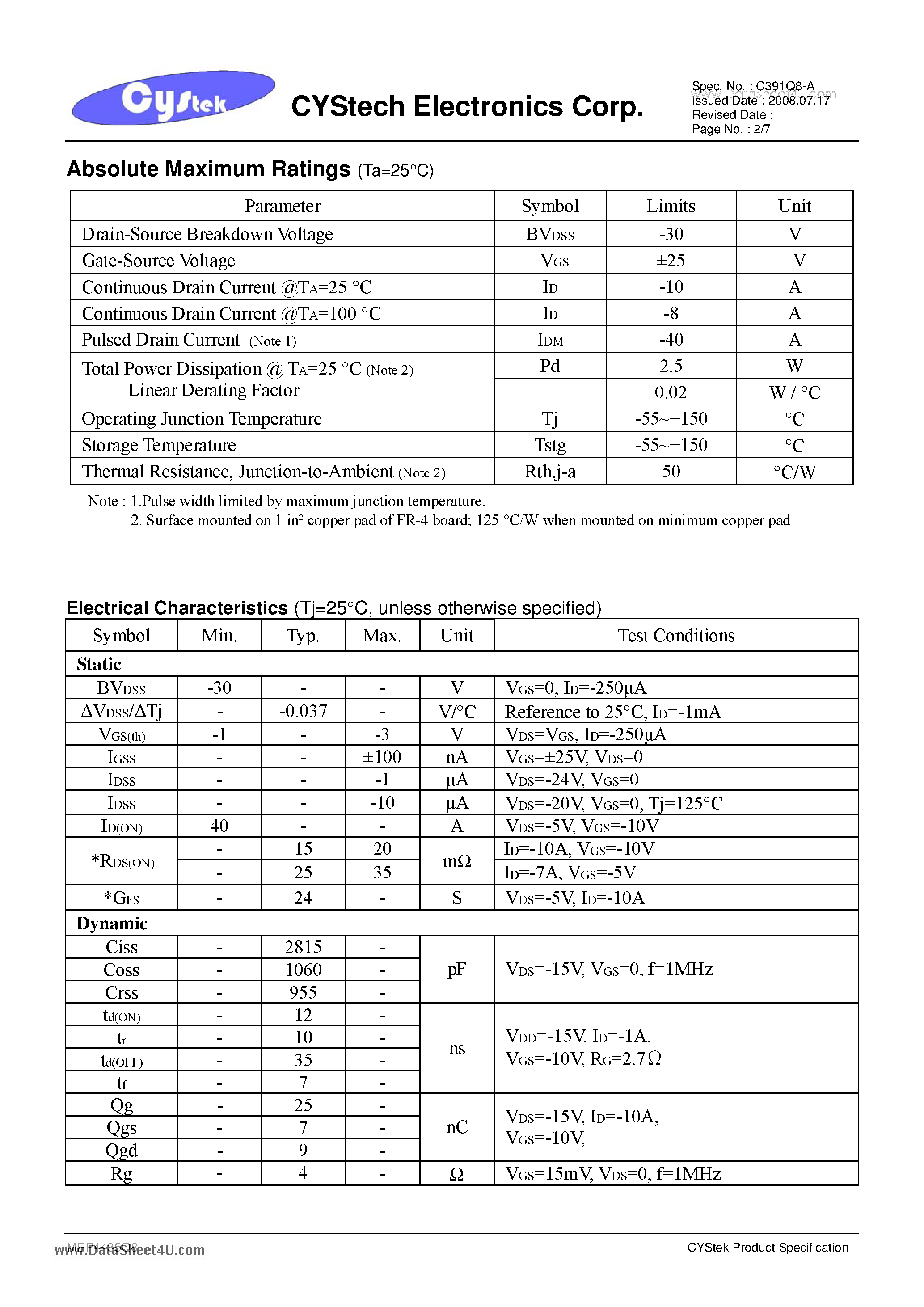 Datasheet MEP4435Q8 page 2 Datasheet MEP4435Q8 - P-CHANNEL ENHANCEMENT MODE POWER MOSFET page 2
