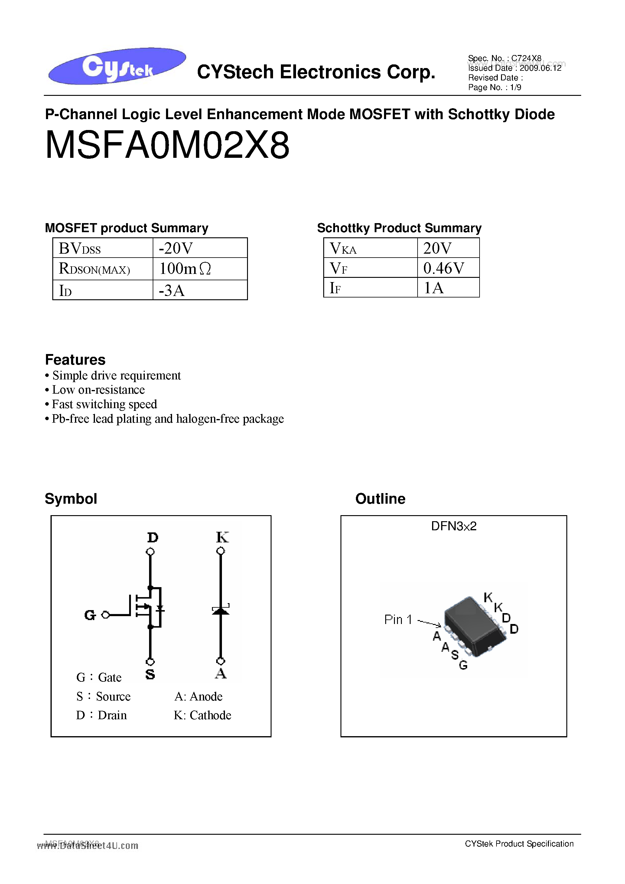 Даташит на микросхему MSFA0M02X8 страница 1 Даташит MSFA0M02X8 - P-Channel Logic Level Enhancement Mode MOSFET страница 1