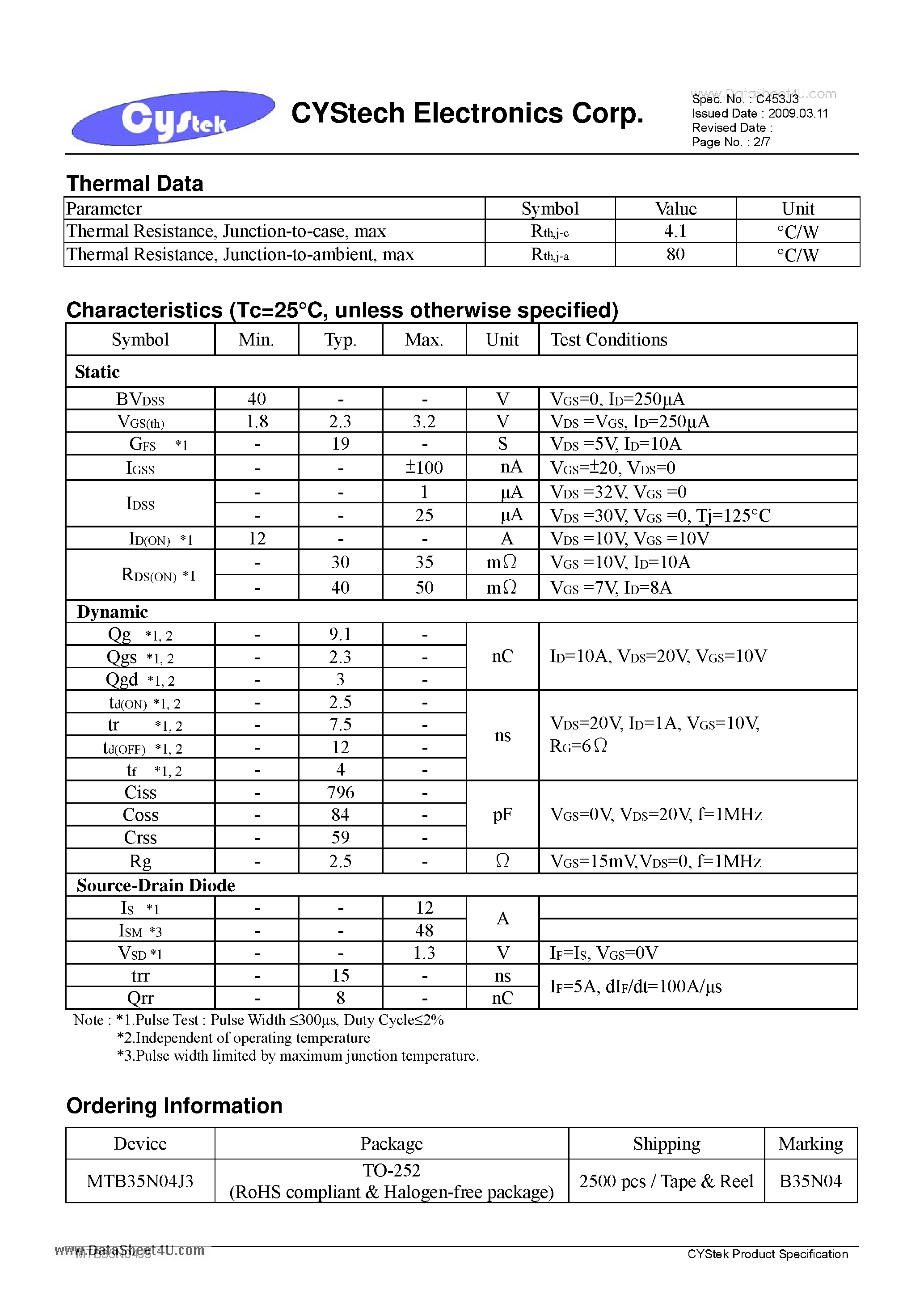 Datasheet MTB35N04J3 - N -Channel Enhancement Mode Power MOSFET page 2