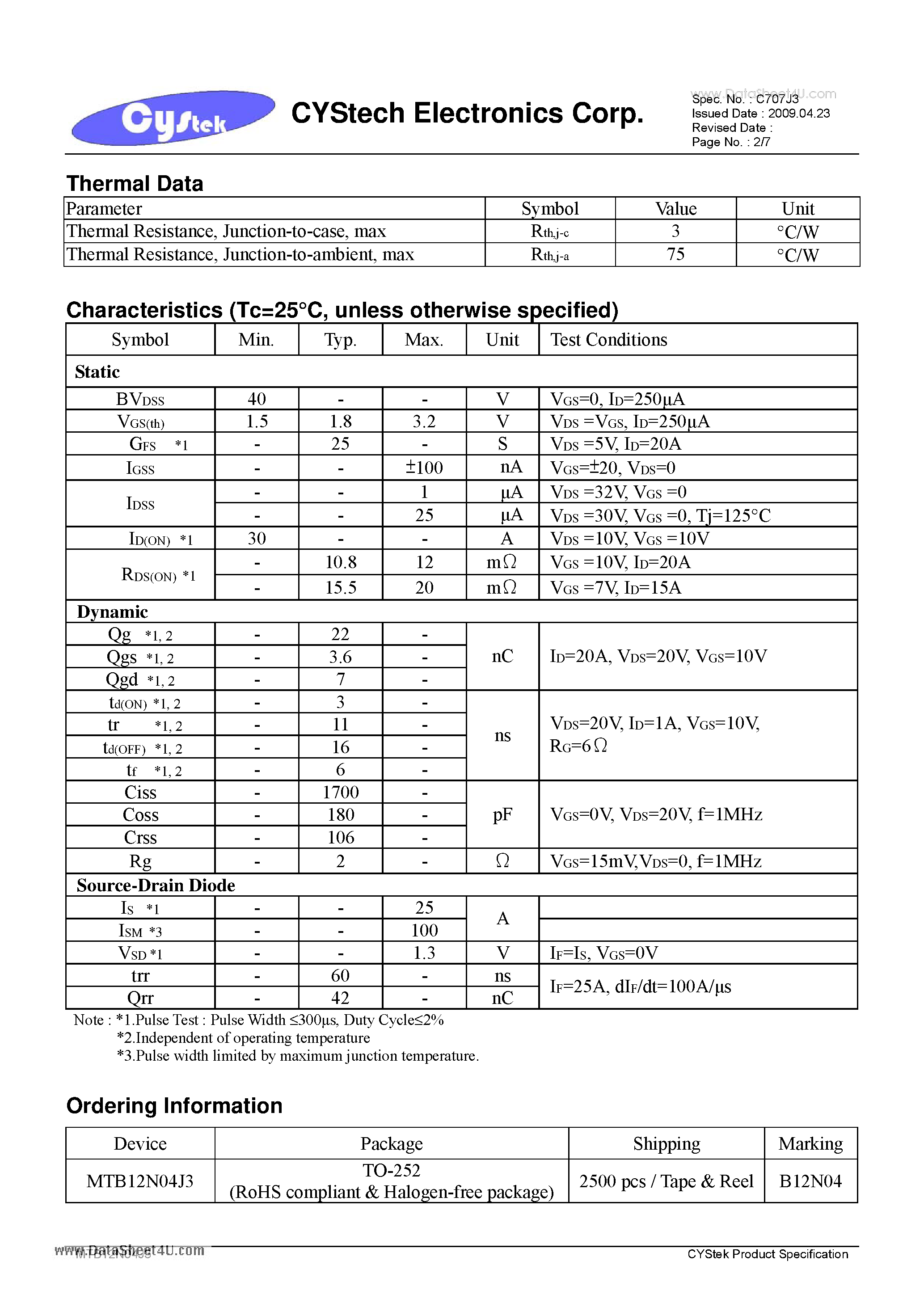 Даташит на микросхему MTB12N04J3 страница 2 Даташит MTB12N04J3 - N -Channel Enhancement Mode Power MOSFET страница 2
