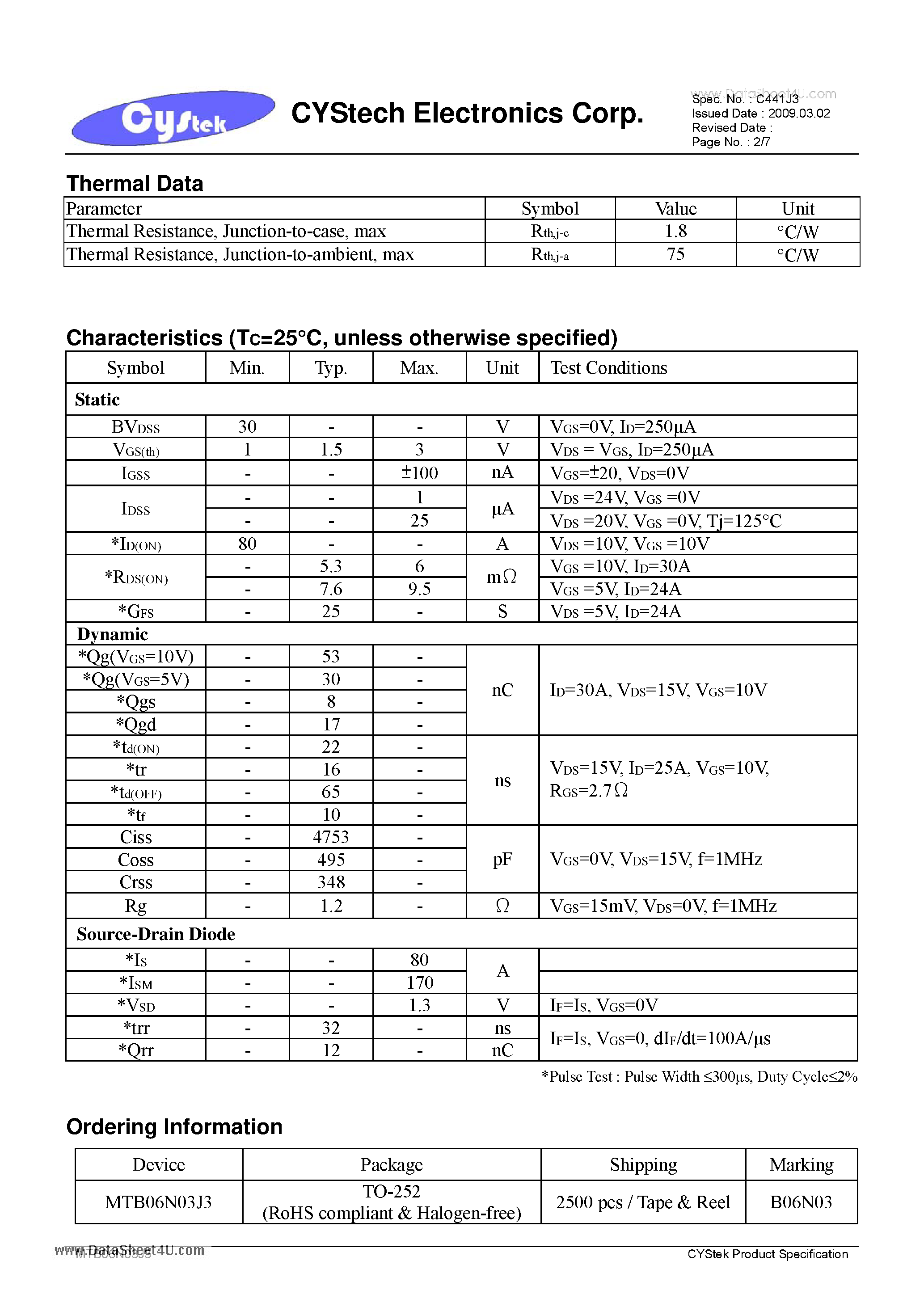 Даташит на микросхему MTB06N03J3 страница 2 Даташит MTB06N03J3 - N-Channel Enhancement Mode Power MOSFET страница 2
