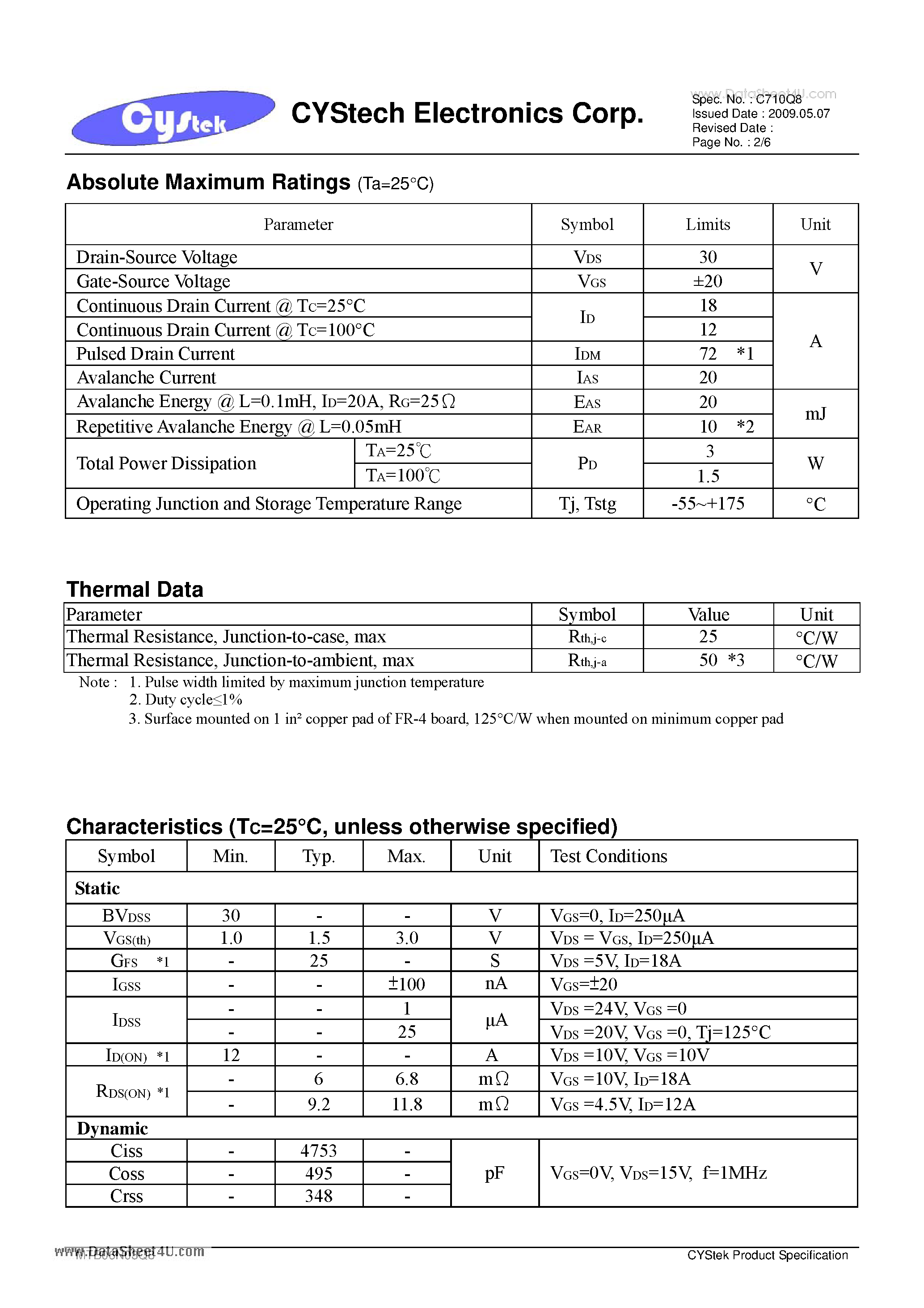 Даташит на микросхему MTB06N03Q8 страница 2 Даташит MTB06N03Q8 - N-Channel Logic Level Enhancement Mode Power MOSFET страница 2