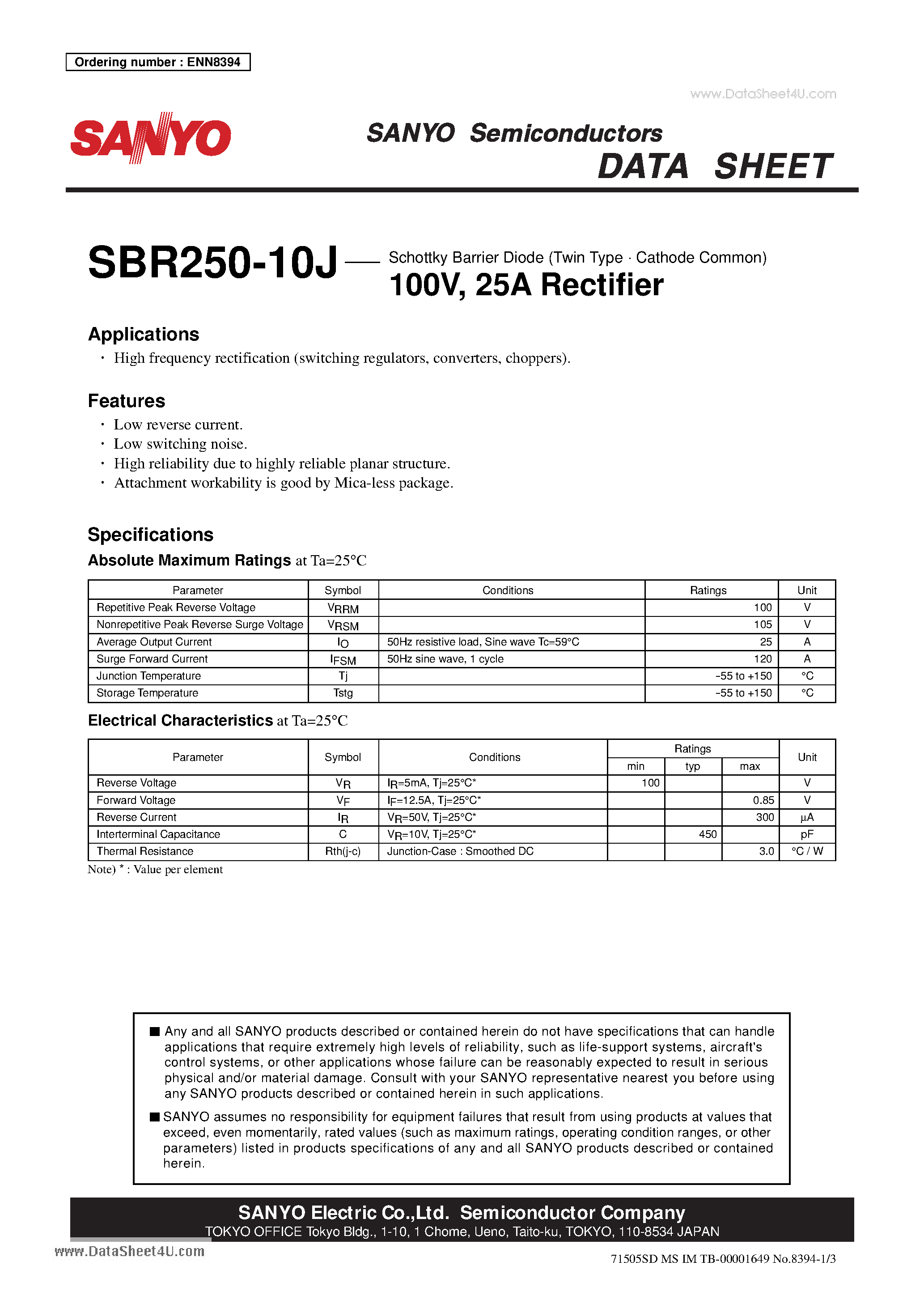 Datasheet SBR250-10J page 1 Datasheet SBR250-10J - Schottky Barrier Diode 100V 25A Rectifier page 1